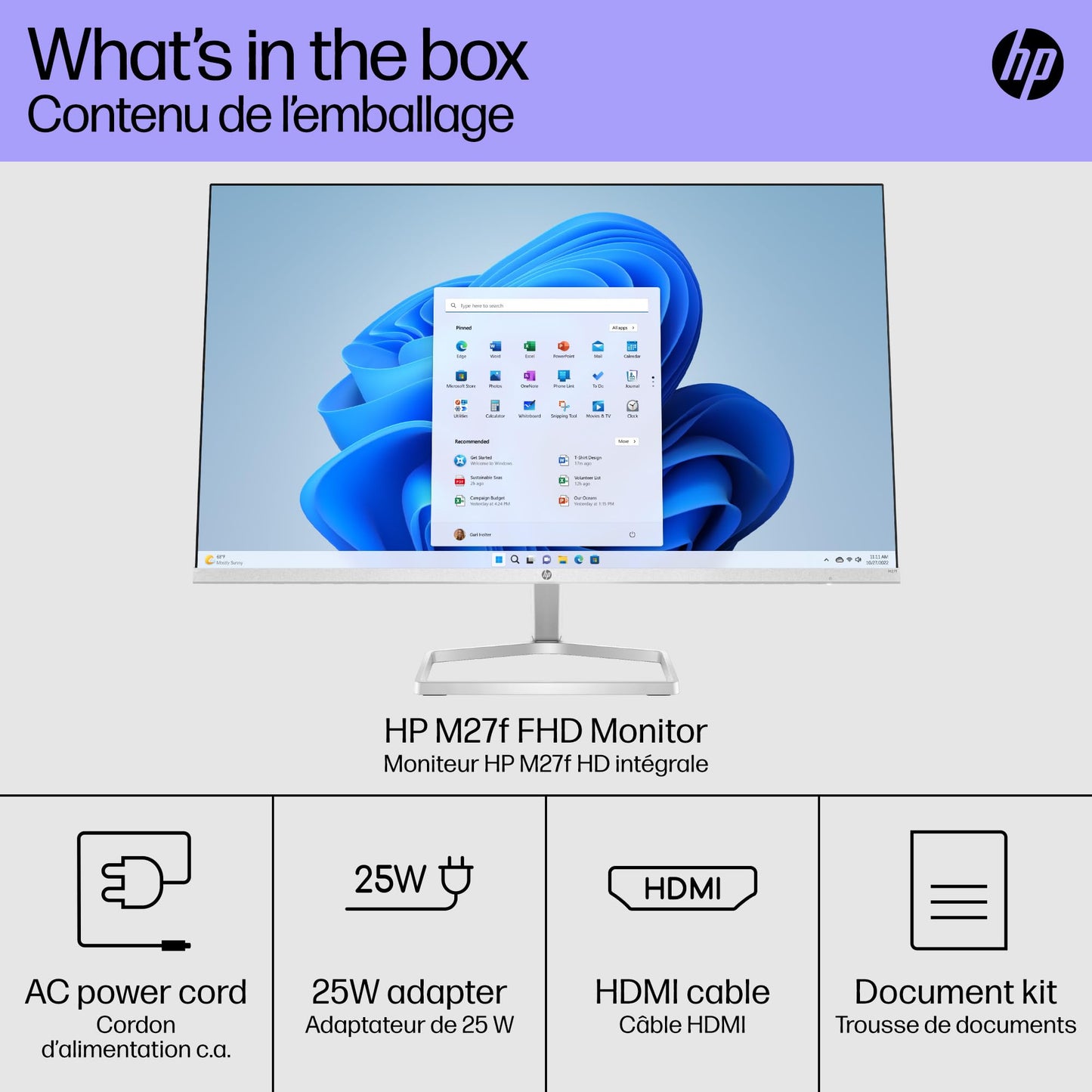 HP Monitor HP M27f Full HD, IPS, 1920 x 1080, 75 Hz, 5ms GtG, 27", FreeSync, Antirreflejante, Luz Azul Baja, Ultra Delgado, Micro Bordes, Ajustable, VGA, HDMI, Plata/Negro (2G3D3AA)