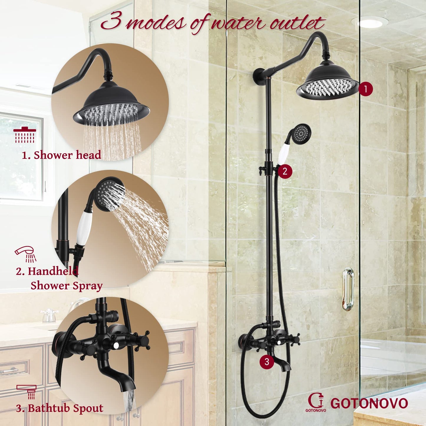 Juego de sistema de ducha expuesto de bronce aceitado para grifo de ducha 8 duchas de lluvia, 2 pomos dobles, mango de triple función, boquilla de tina, juego de unidad combinada de 12 pulgadas de extensión incluida