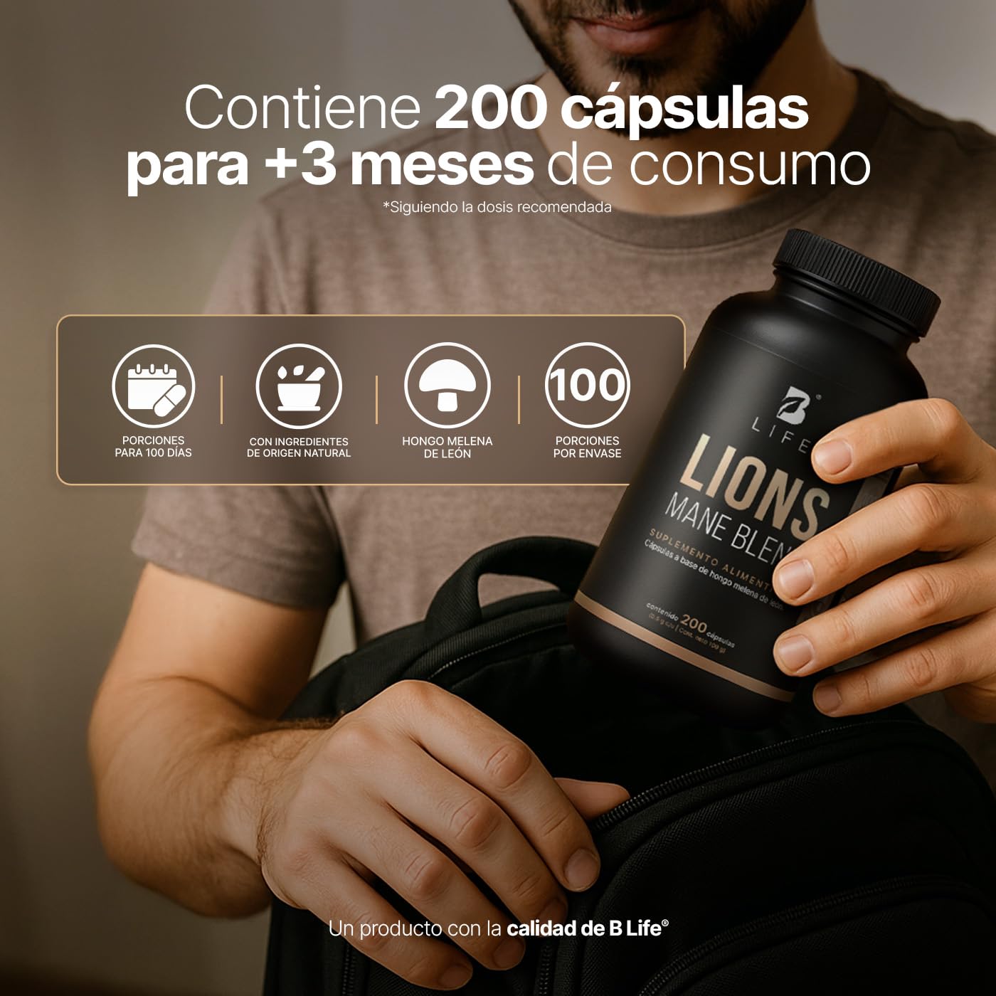 B Life Hongo Melena de León Puro | 200 Cápsulas | 1000 mg por porción | Ingredientes naturales | Lions Mane Blend.