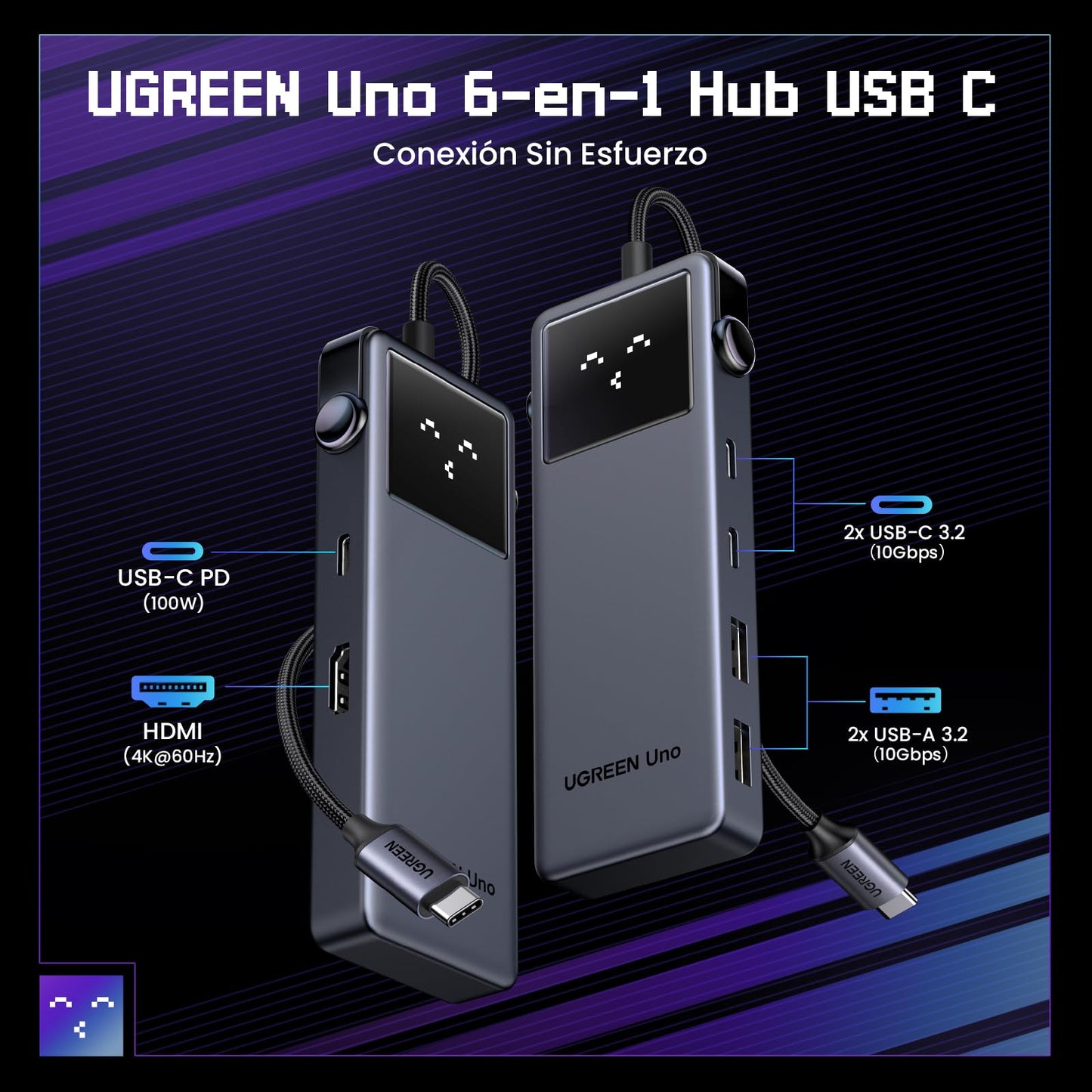 UGREEN Uno Hub USB C, 6 en 1 Robot Adaptador USB C 3.2 Gen 2 con HDMI 4K 60Hz, 2*USB y 2*USB C 10Gbps, Carga 100W Compatible con MacBook Pro Air Surface Chromebook DELL XPS y Más Dispositivos Tipo C