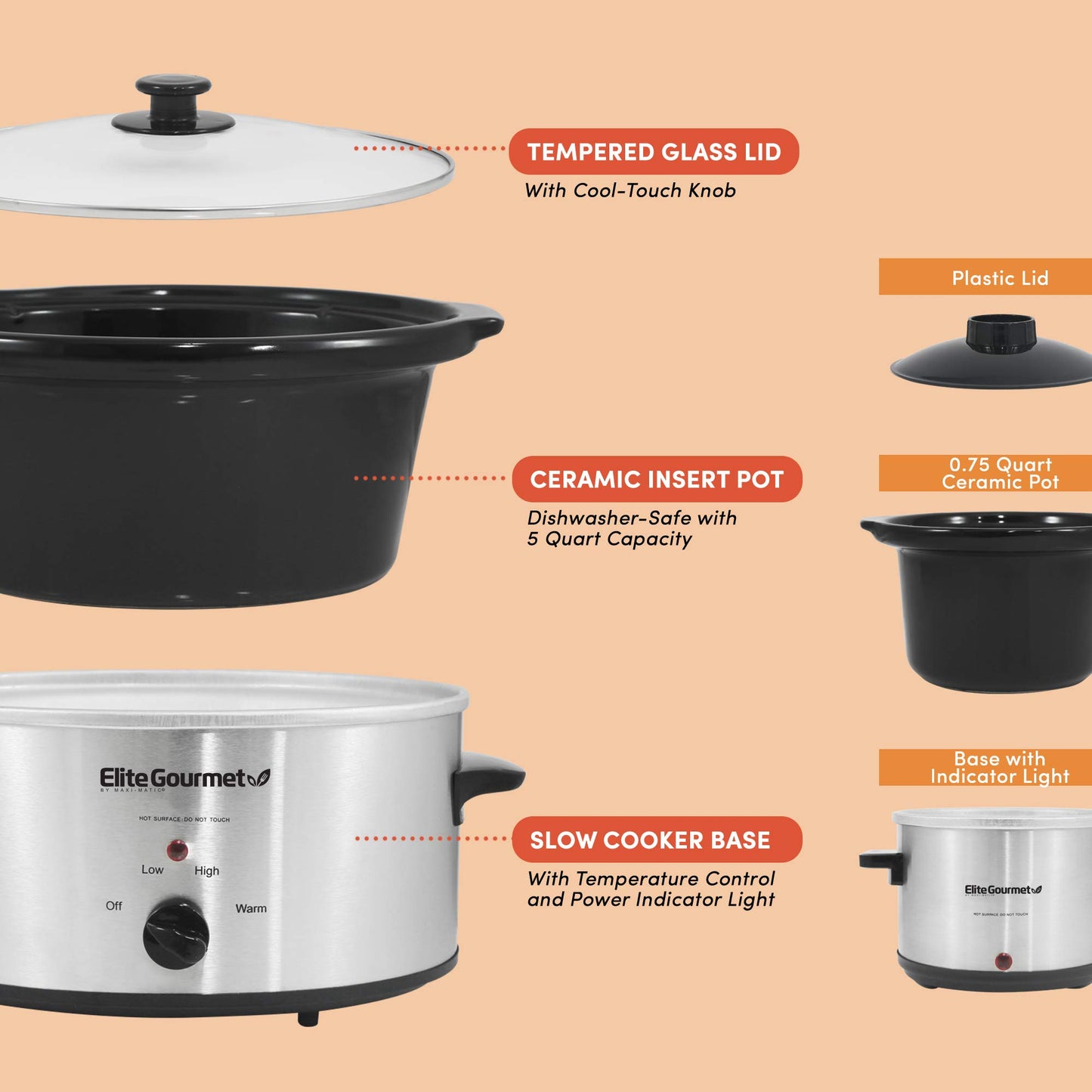 Olla de Cocción Lenta MaxiMatic Elite Cuisine Acero Inoxidable con Dipper 5 Cuartos