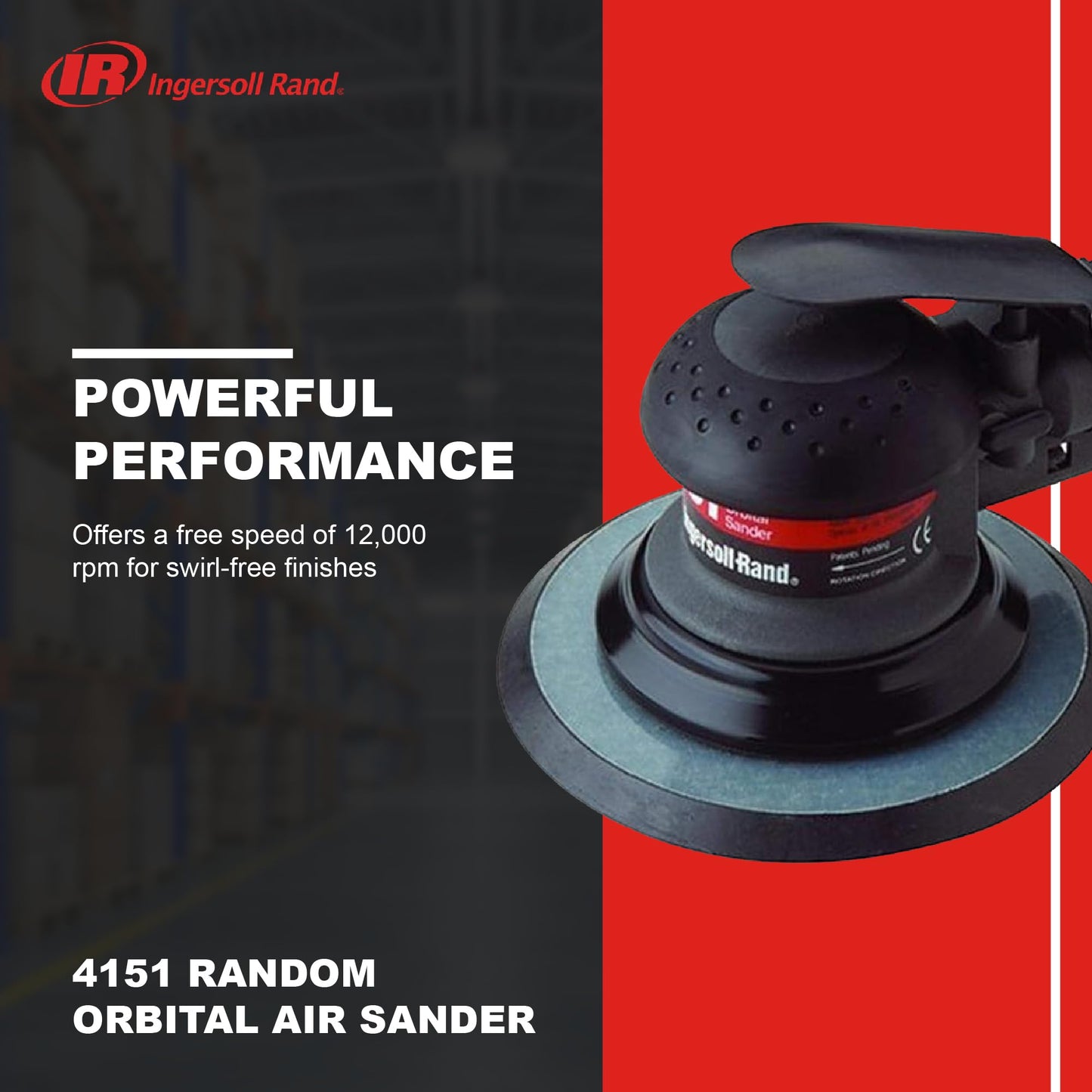 Ingersoll Rand 4151 Lijadora orbital aleatoria de 6", almohadilla de vinilo, 12000 RPM, 0.2 HP, extrae polvo y partículas a través y alrededor de la almohadilla.