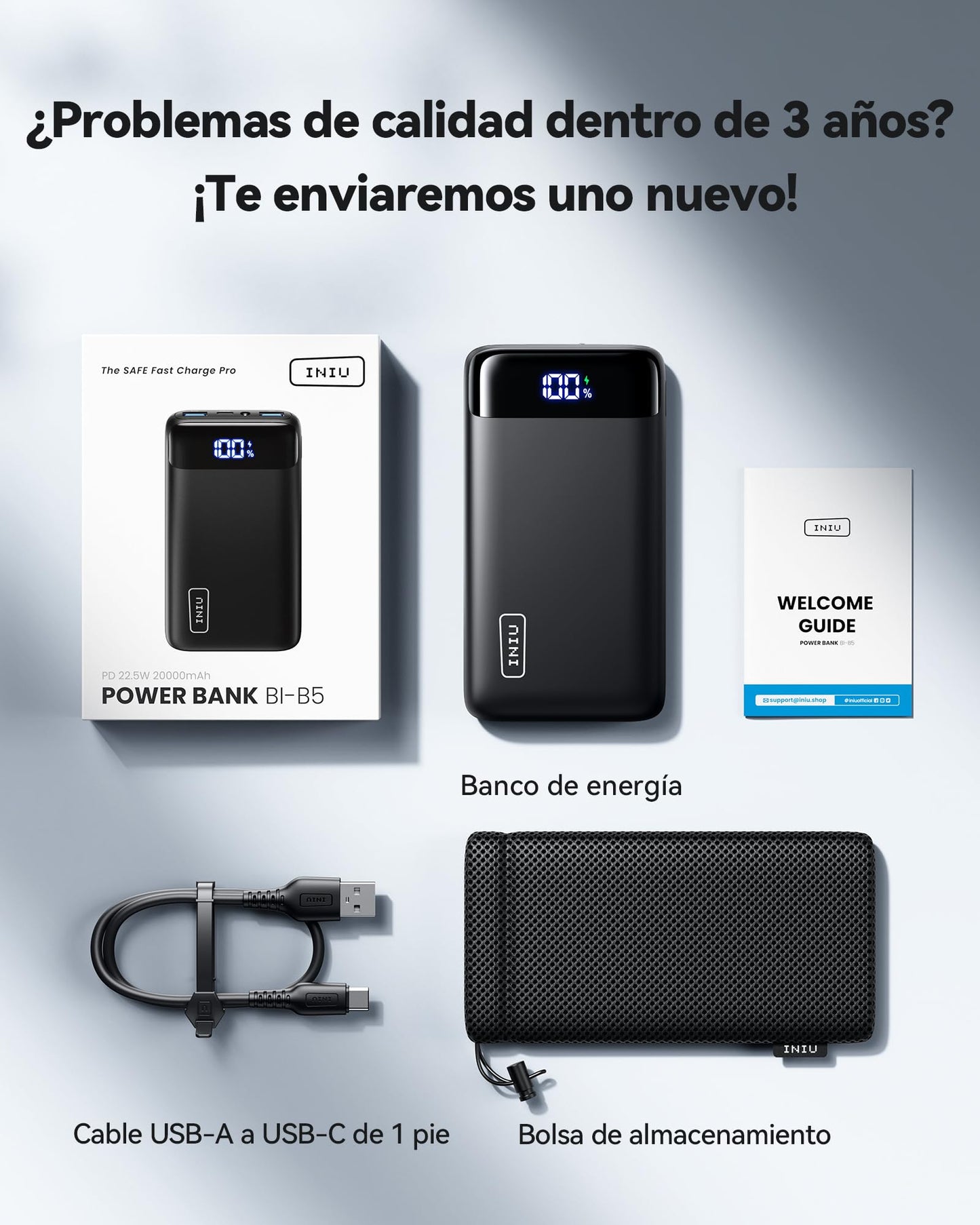 INIU Power Bank 20000mah, Bateria Portatil PD 22.5W Cargador Tipo C Carga Rapida, Cargador Portatil para iPhone 16 Pro Max 15 14 13 Mini, Samsung Galaxy, Xiaomi 15 Pro 14 Ultra, pixel, iPad, LG Tablet