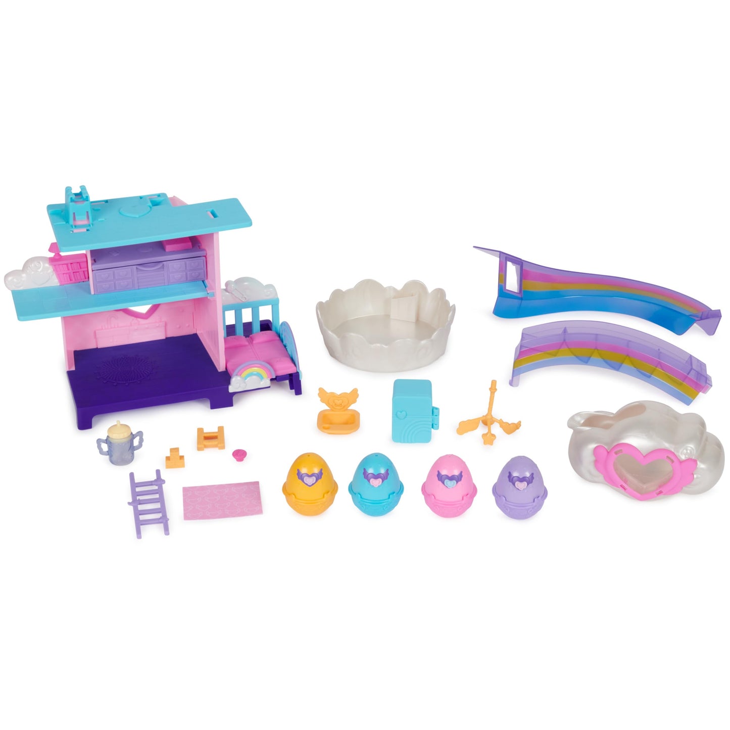 HATCHIMALS Alive, Guardería Arcoiris con 4 Minifiguras en Huevos Que se rompen Solos, 13 Accesorios, Juguetes para niños
