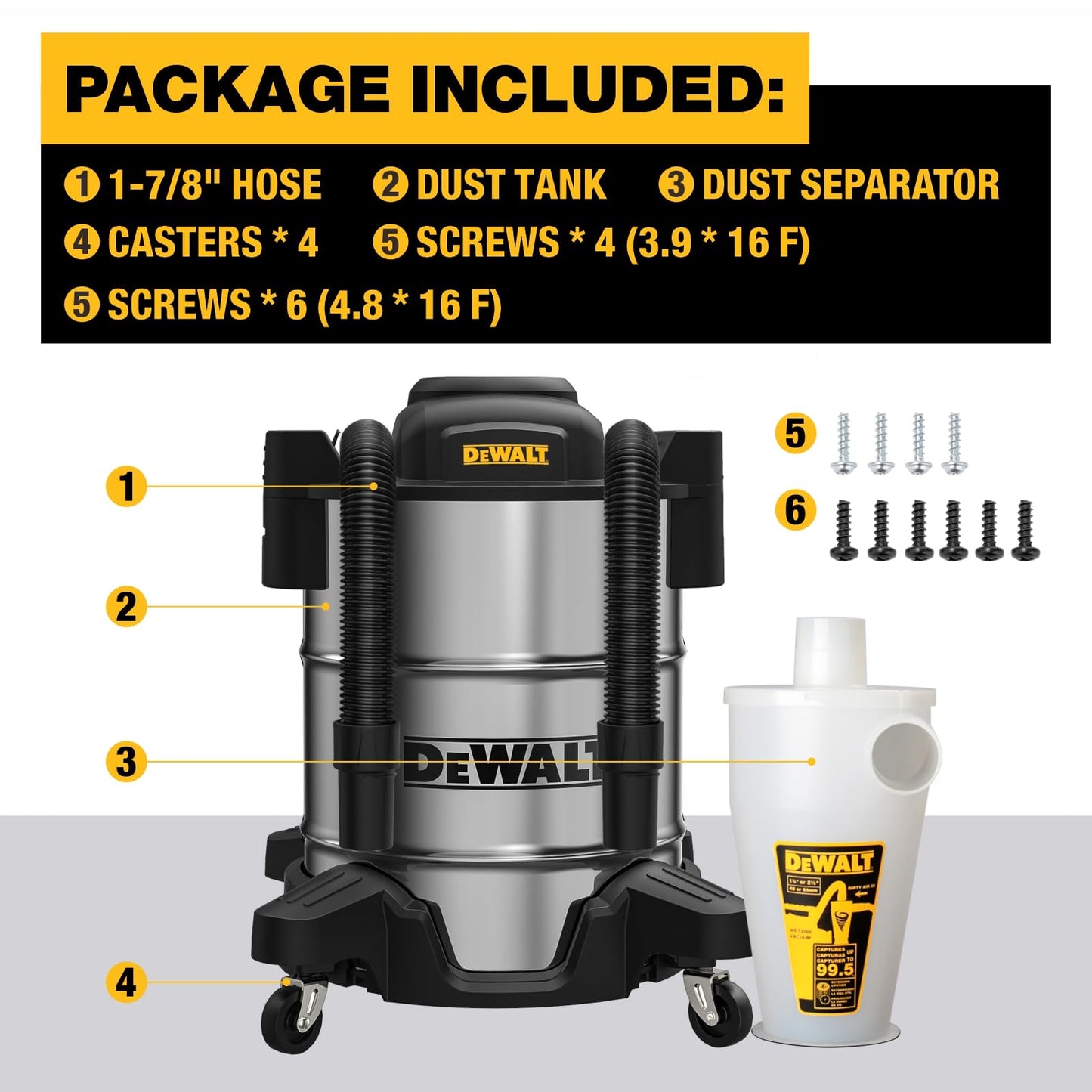DEWALT Separador de Polvo con Tanque de Acero Inoxidable de 10 galones, colector de Polvo ciclón de 99.5% de eficiencia, Filtro colector de Polvo de Ciclo de Alto Rendimiento, colector de ciclón de