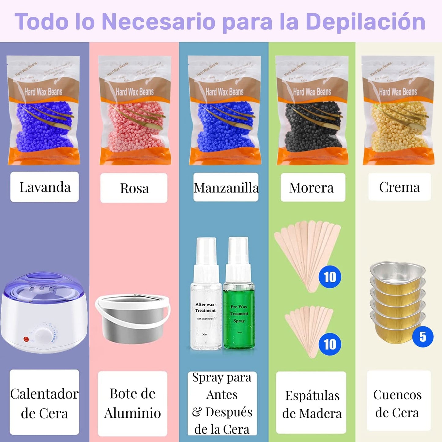 Cera para Depilar, Cera Depiladora con 500g Perlas de Cera Dura, Kit Cera Española para Depilar para Cejas | Bikini, Piernas, Axilas y Más, Calentador de Cera Eléctrico para Depilación con 20 Espátulas y 2 Frascos de Spray Tratante (Blanco)