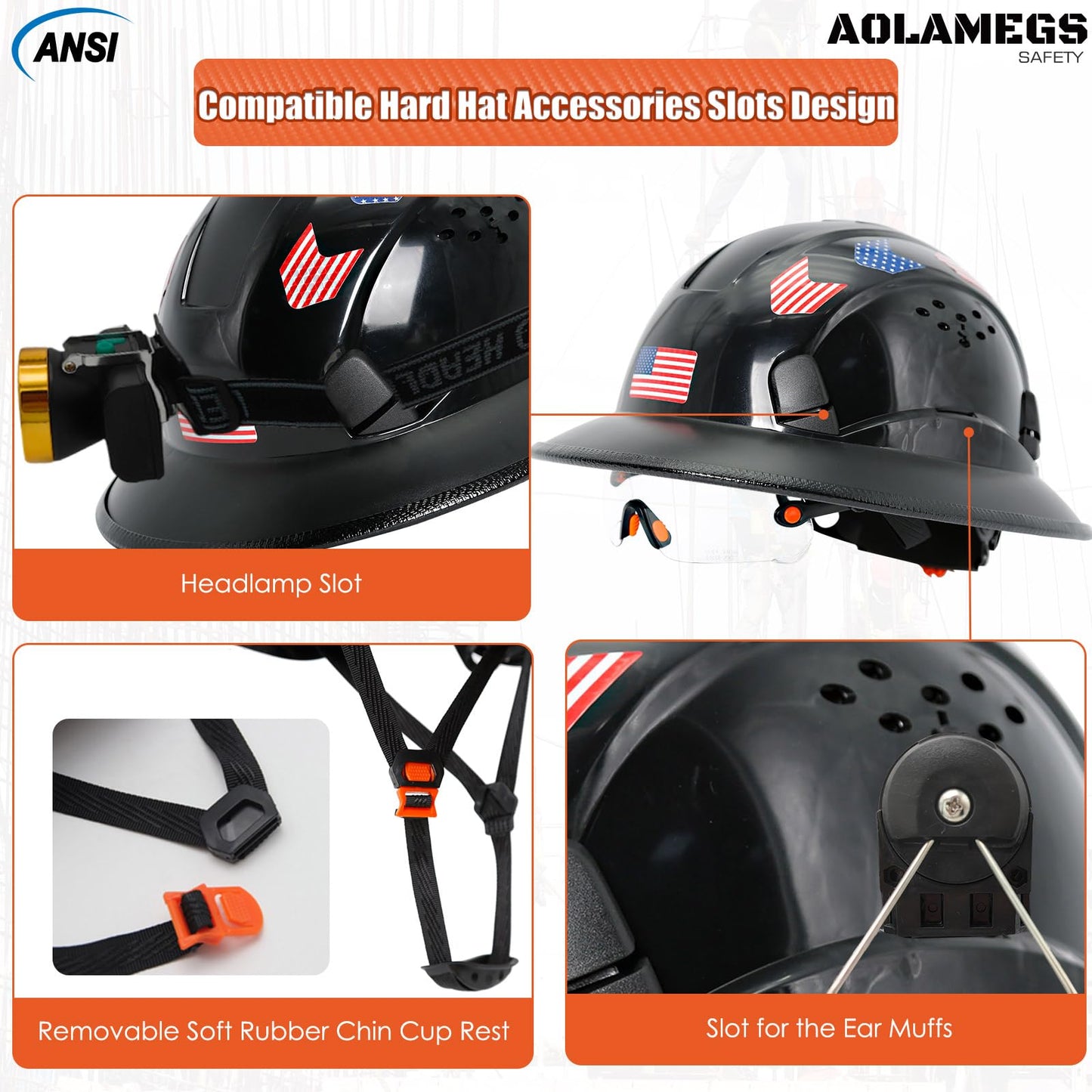 Cascos duros de borde completo con visera de construcción aprobados por OSHA - Cascos duros ventilados para hombres, Casco duro negro con correa para la barbilla, seguridad negro con visera tintada