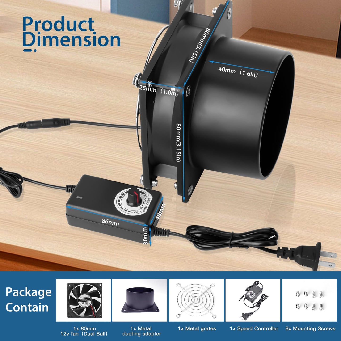KEYFANCLUB - Ventilador de escape axial pequeño de 80 mm, 12 V CC con enchufe de CA, rodamientos de bolas duales, extractor de humo de escape de aire, kit de ventilador para soldadura de bricolaje,