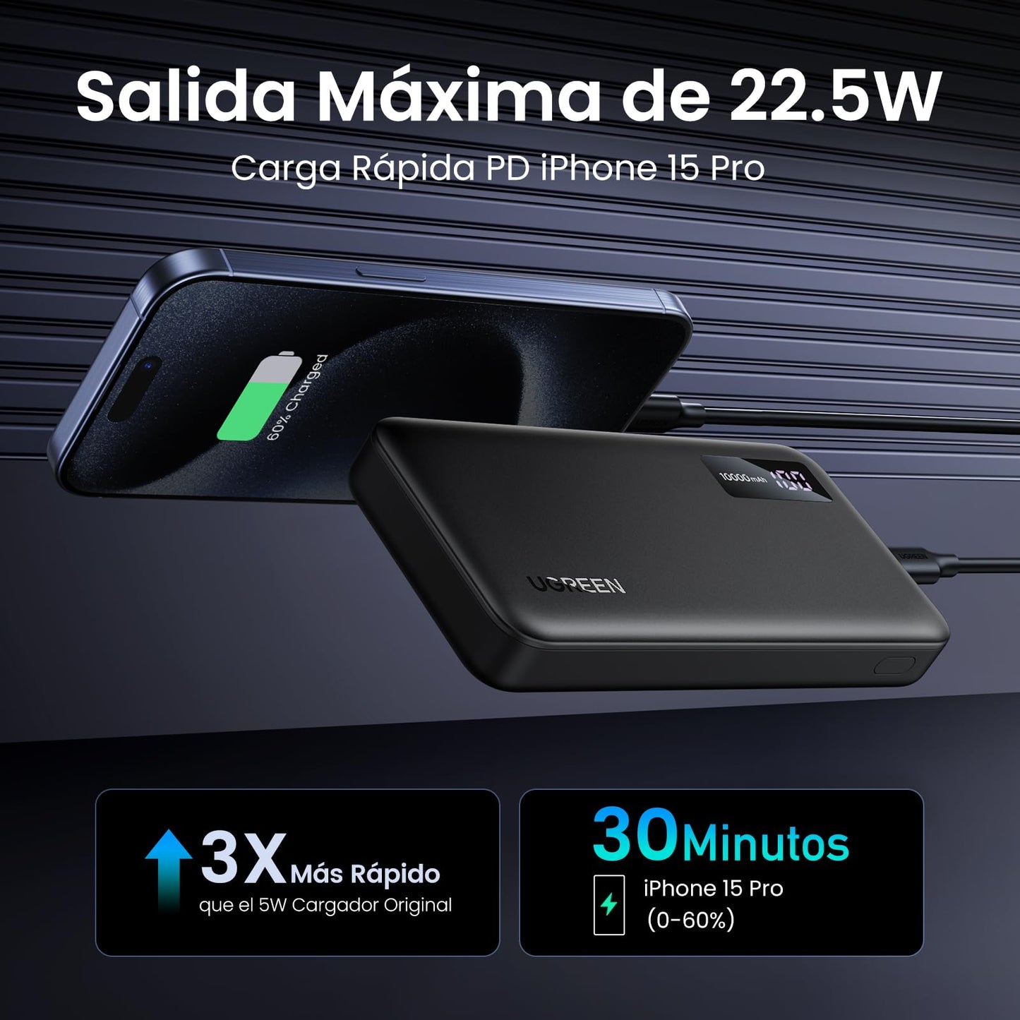 Power Bank UGREEN Negro 10000mAh 22.5W Carga Rápida USB A y C Pantalla Digital Compatible con iPhone, Xiaomi, Galaxy, iPad