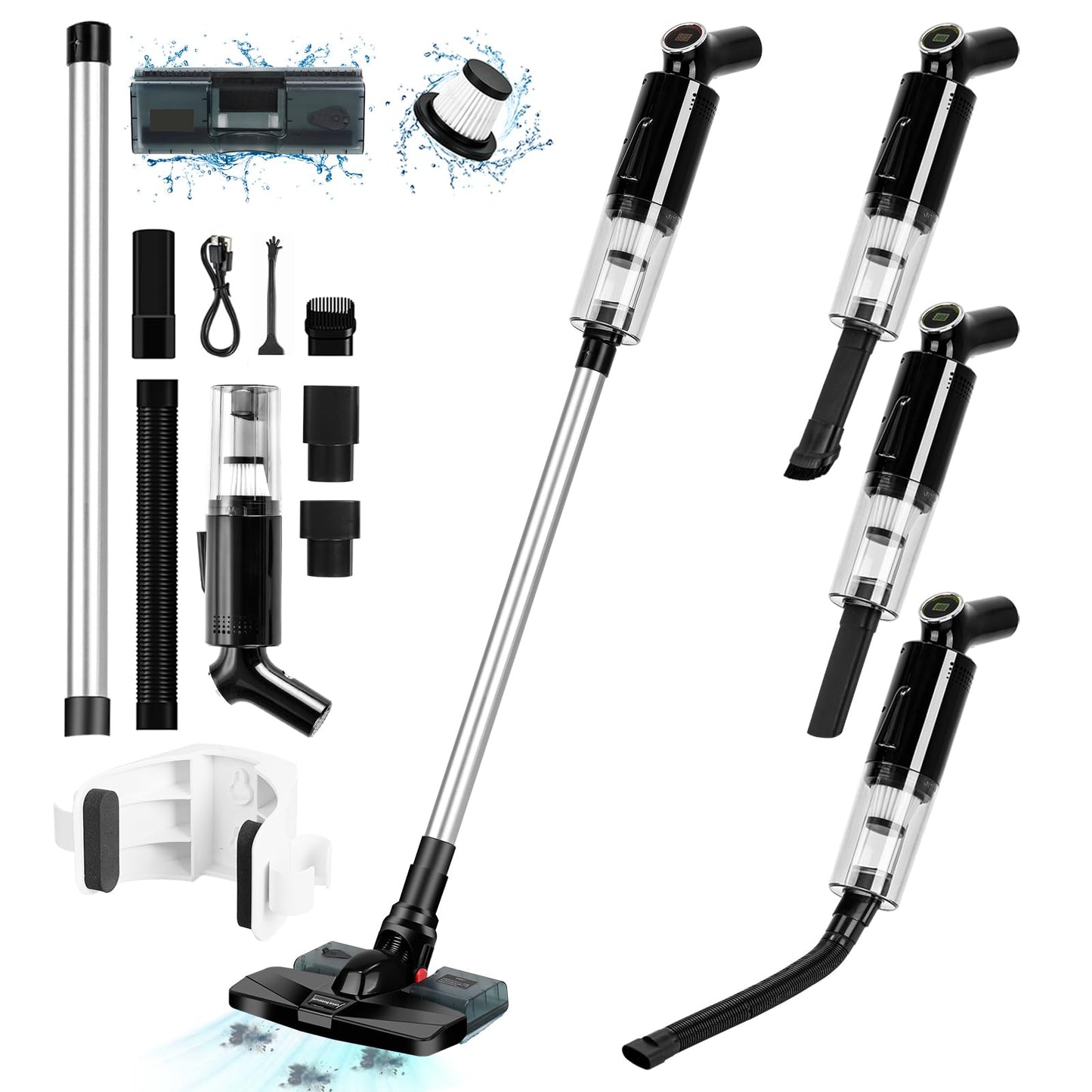 Aspiradora Inalámbrica,15000Pa Aspiradora Vertical 5 en 1 con Depósito de Agua,Filtro HEPA,Aspiradora de Mano con Luz LED,Batería de 3*2000 mAh,Apta para Todo Tipo de Suelos,Pelos de Mascotas,Sofá