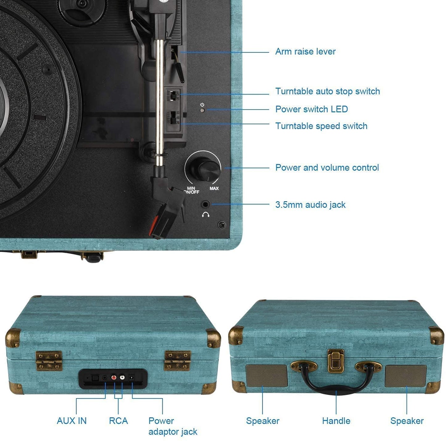 Kedok Tocadiscos Bluetooth de 3 velocidades con y Altavoces estéreos incorporados,admite Salida Salida RCA/Aux in/Auriculares