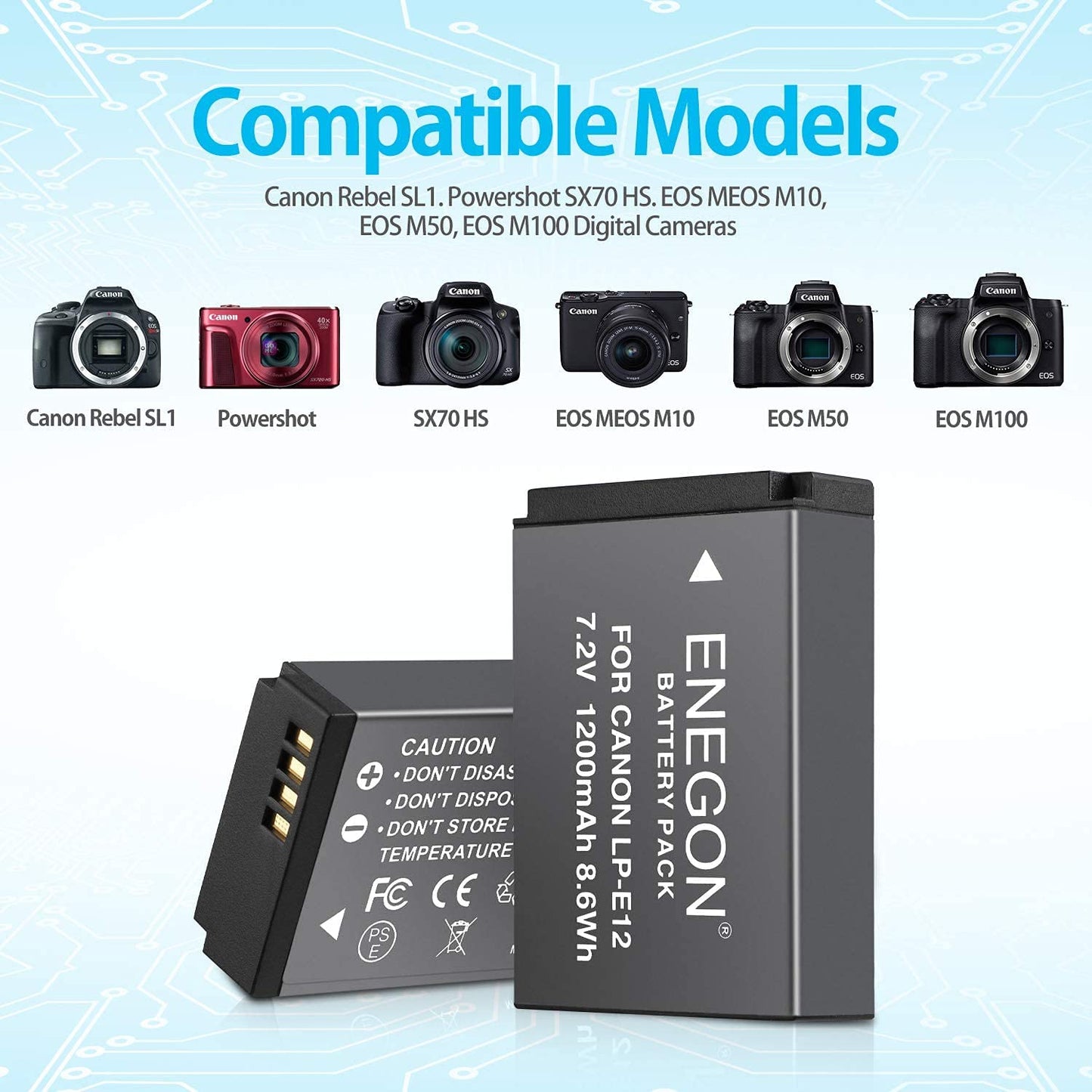 Batería ENEGON 1200 mAh LCD Compatible Canon EOS M50 Mark II M100 M200 M10 M2, Paquete de 2