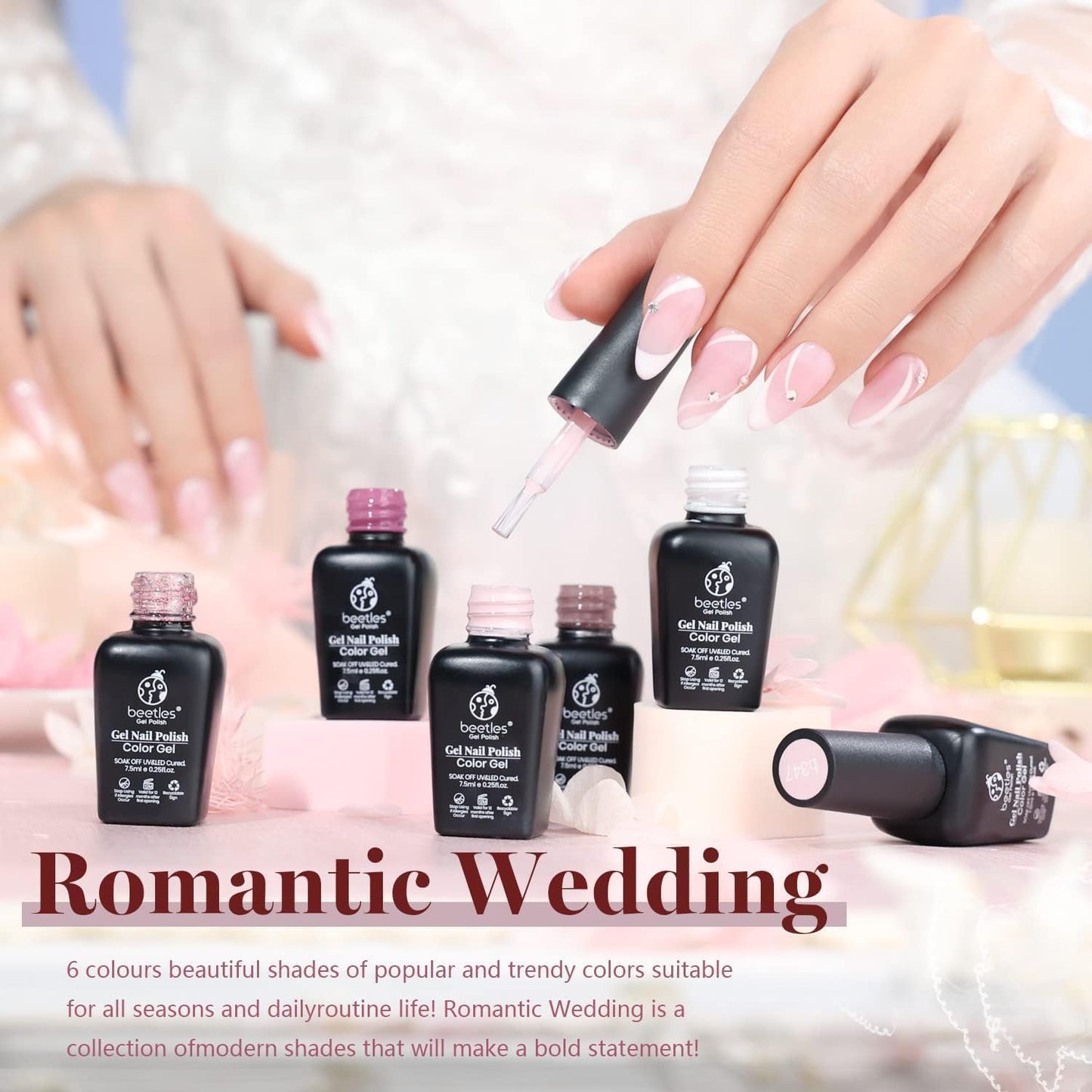 Beetles Juego de esmalte de uñas de gel romántico para boda, regalo de día festivo, día de San Valentín, 6 colores clásico francés blanco suave rosa con purpurina para dama de honor, kit de esmalte de uñas en gel para remojar el esmalte de gel UV, kit de
