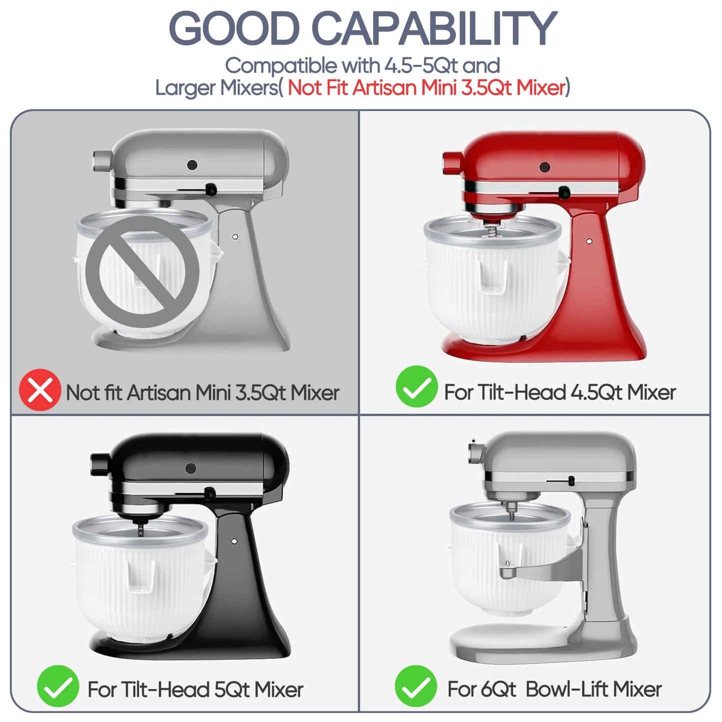Accesorio para máquina de helados para batidora de soporte Kitchenaid, yogur congelado de 2 cuartos de galón, máquina de helado y gelatina de sorbete, se adapta a batidora de soporte Kitchenaid de