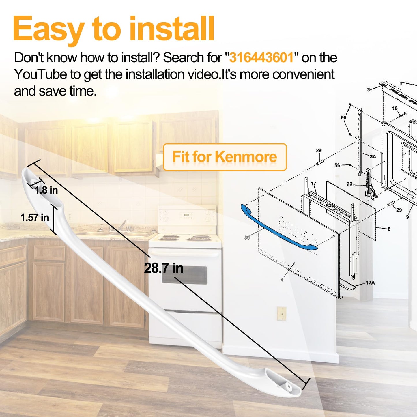 LXun 316443601 - Manija de puerta de horno mejorado - Compatible con Kenmore, Electrolux, Frigidaire - Mango de estufa eléctrica - Viene con 2 tornillos