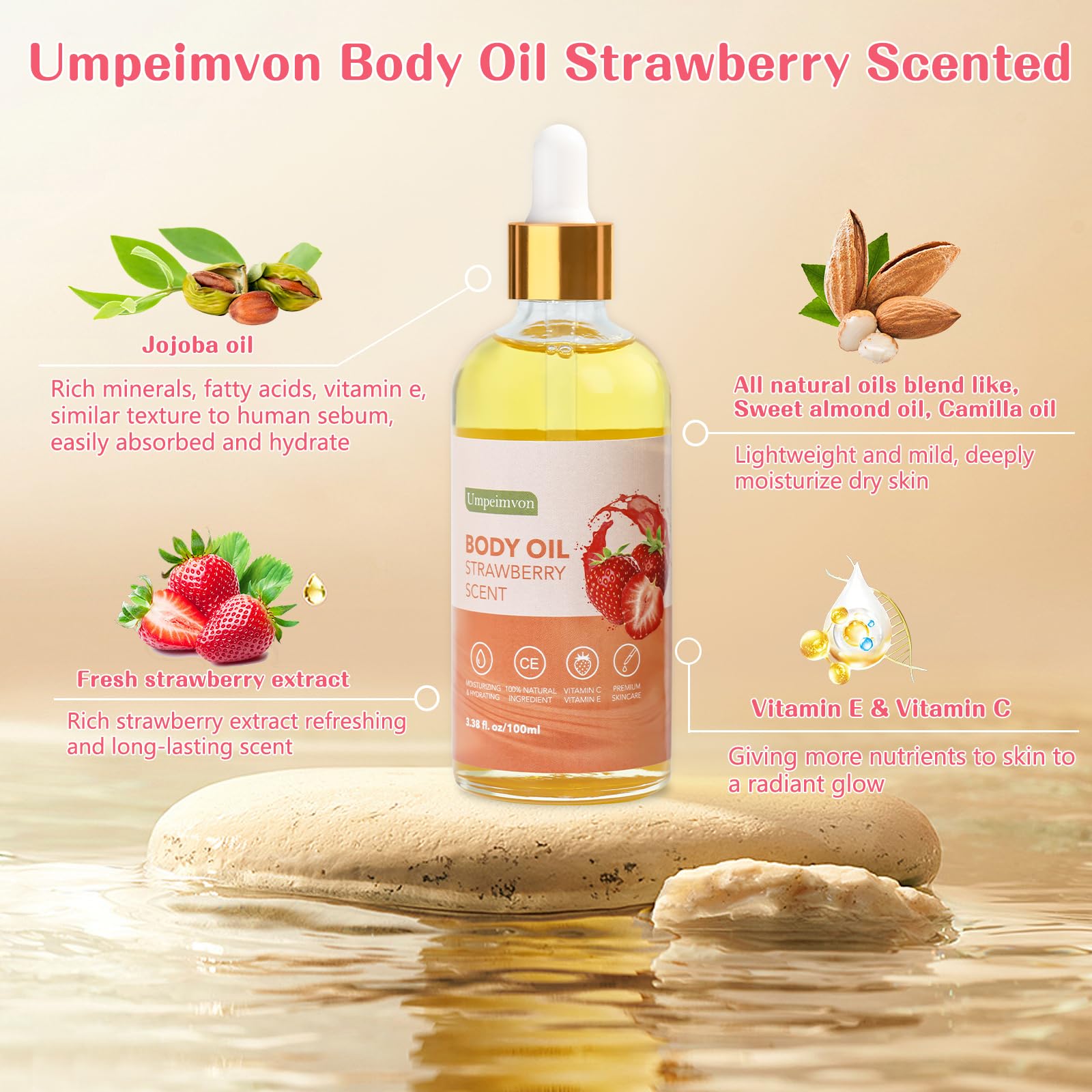 Umpeimvon- Paquete de 2 aceites corporales de fresa de 3,38 fl.oz para después de la ducha, aceites corporales con fragancia Gua Sha con vitamina C y E