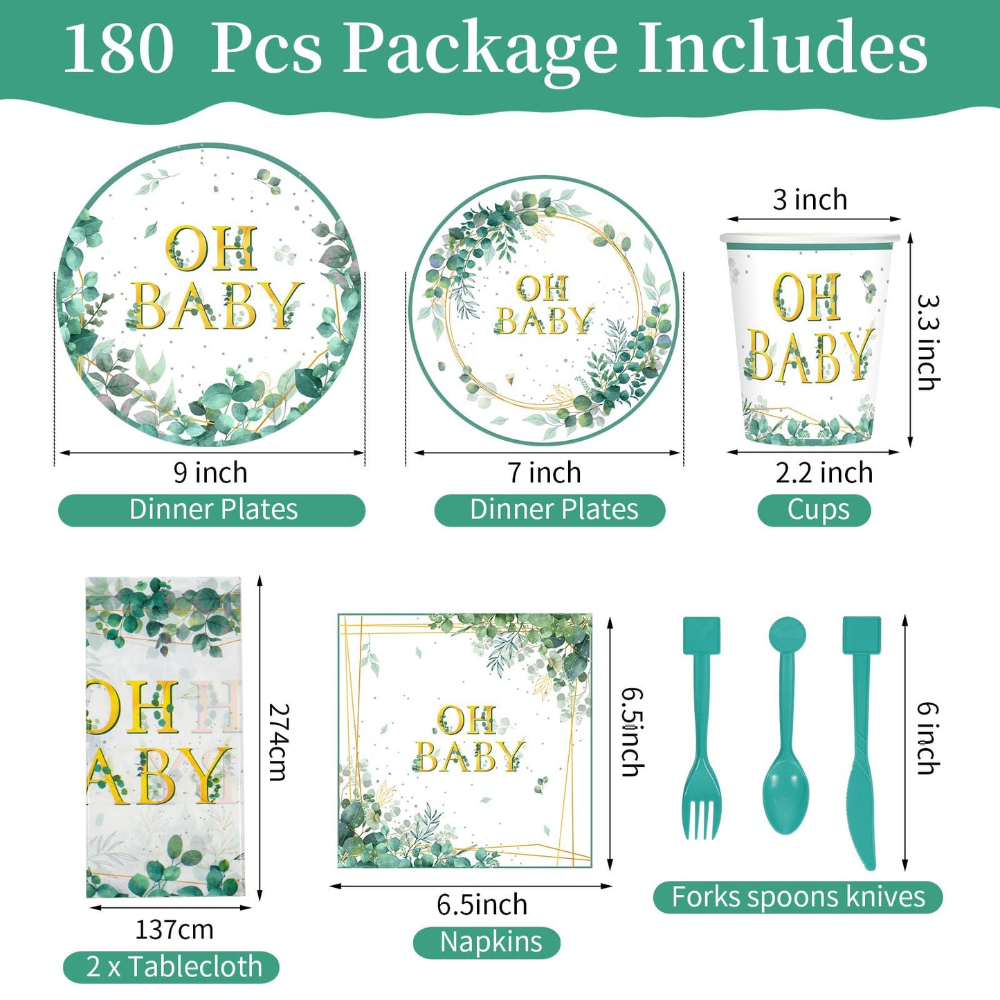 Juego de vajilla de 180 piezas de Sage Greenery Oh para fiesta de bebé, mantel de hoja de eucalipto, 24 platos de cena, plato de postre y servilletas para niño y niña, salvia, suministros de decoración de fiesta