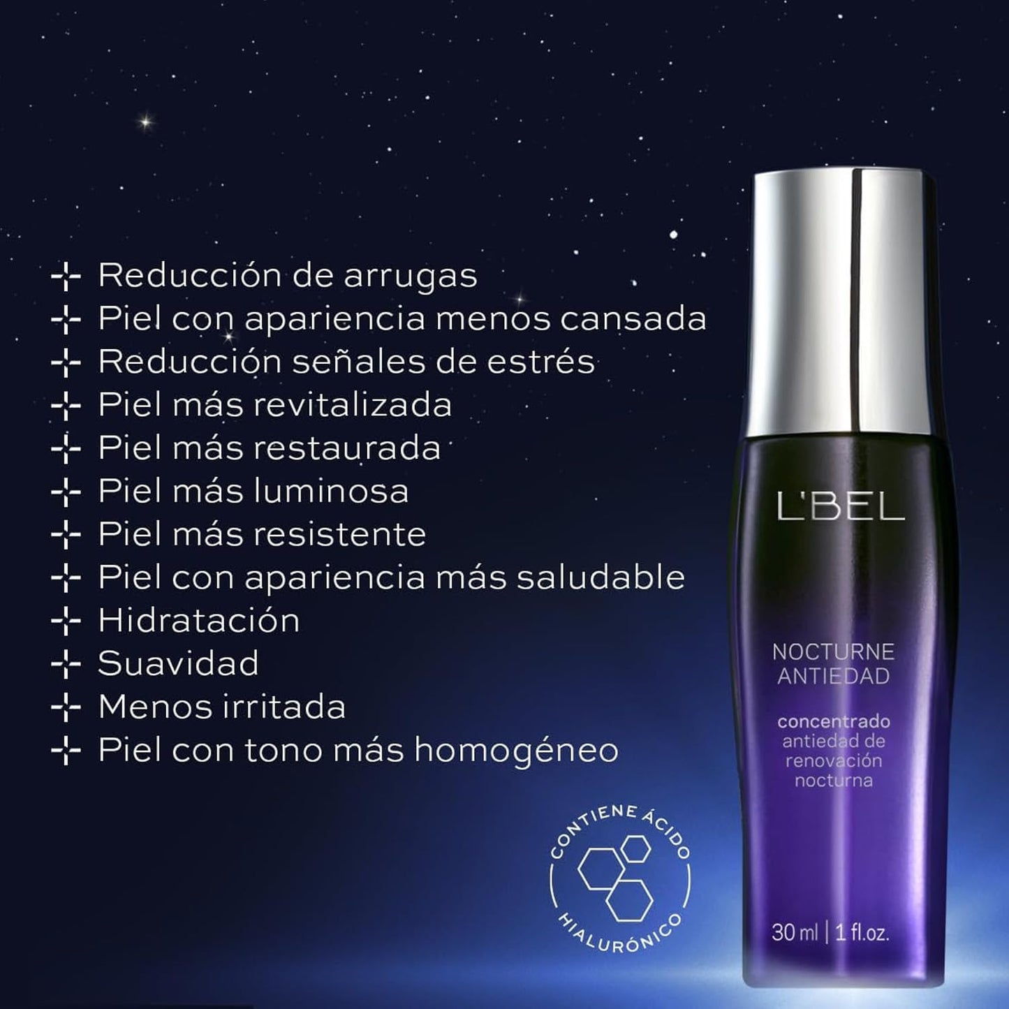 L'BEL - Nocturne Sérum Antiedad Concentrado 30 ml, Tratamiento Nocturno en Suero, Antiarrugas con Ácido Hialurónico, Piel Hidratada, Rápida Absorción, para Todo Tipo de Pieles
