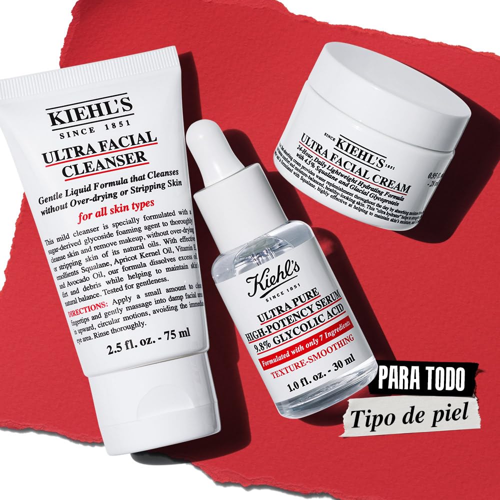 Kiehl's Smooth-It-Up SET, Ultra Pure High-Potency Serum 30 ml + Ultra Facial Cream 28 ml + Ultra Facial Cleanser 75 ml, Fortalece, Limpia, Alisa y Refresca la Piel