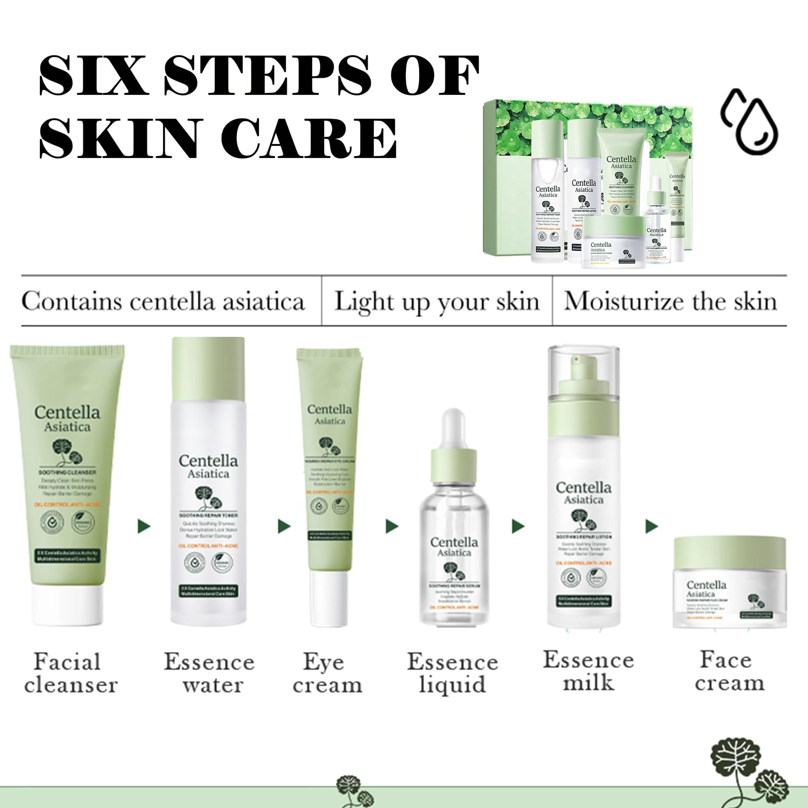 Set de regalo para el cuidado de la piel con Centella Asiatica para mujeres, set para el cuidado de la piel para hidratar, reparar y limpiar la piel, con suero, tónico, limpiador facial, crema para