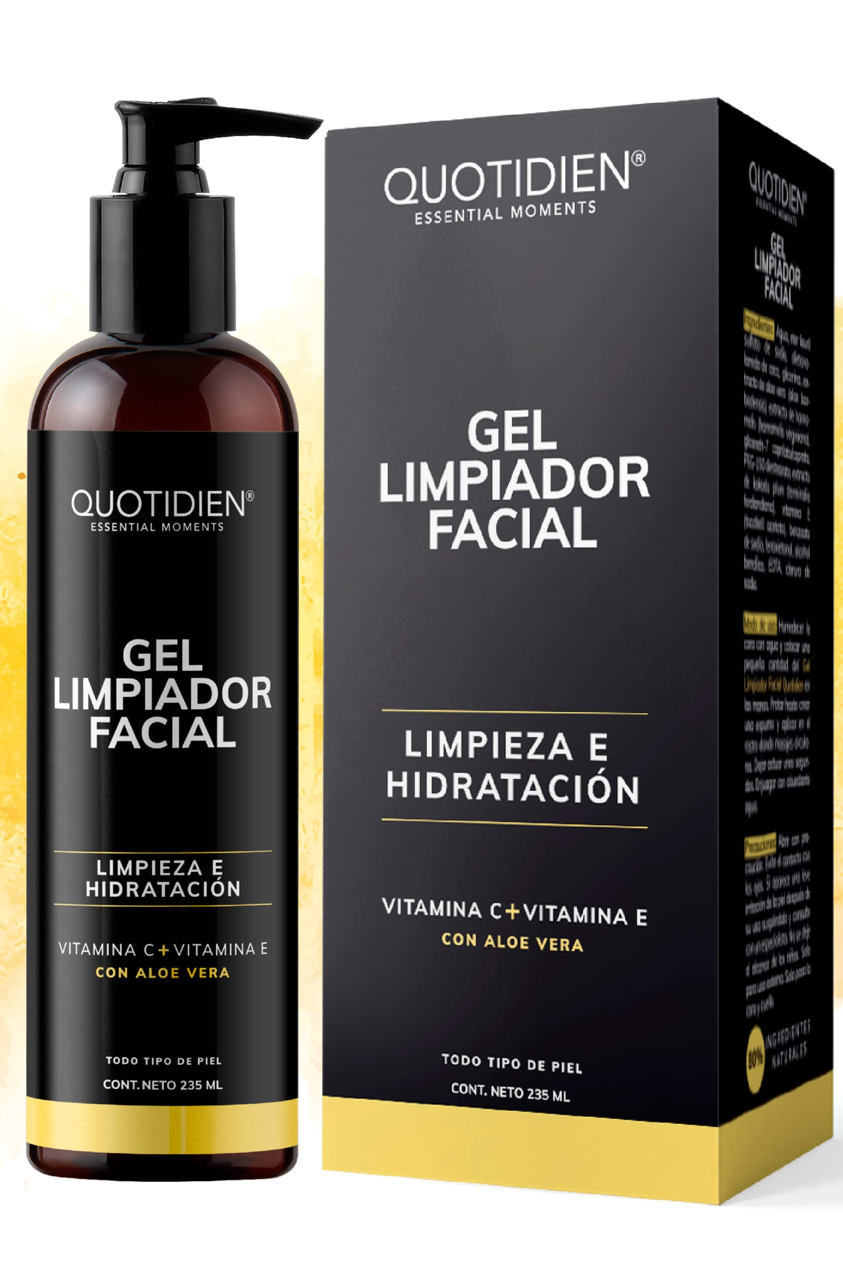 Gel Limpiador Facial con Vitamina C + Vitamina E + Aloe Vera - 80% Ingredientes Naturales- Limpiador Profundo Facial -Baja Espuma- Remueve Grasas y Toxinas- No Reseca- Limpieza e Hidratación Extrema - Ideal Para Todo Tipo de Piel - 235ml