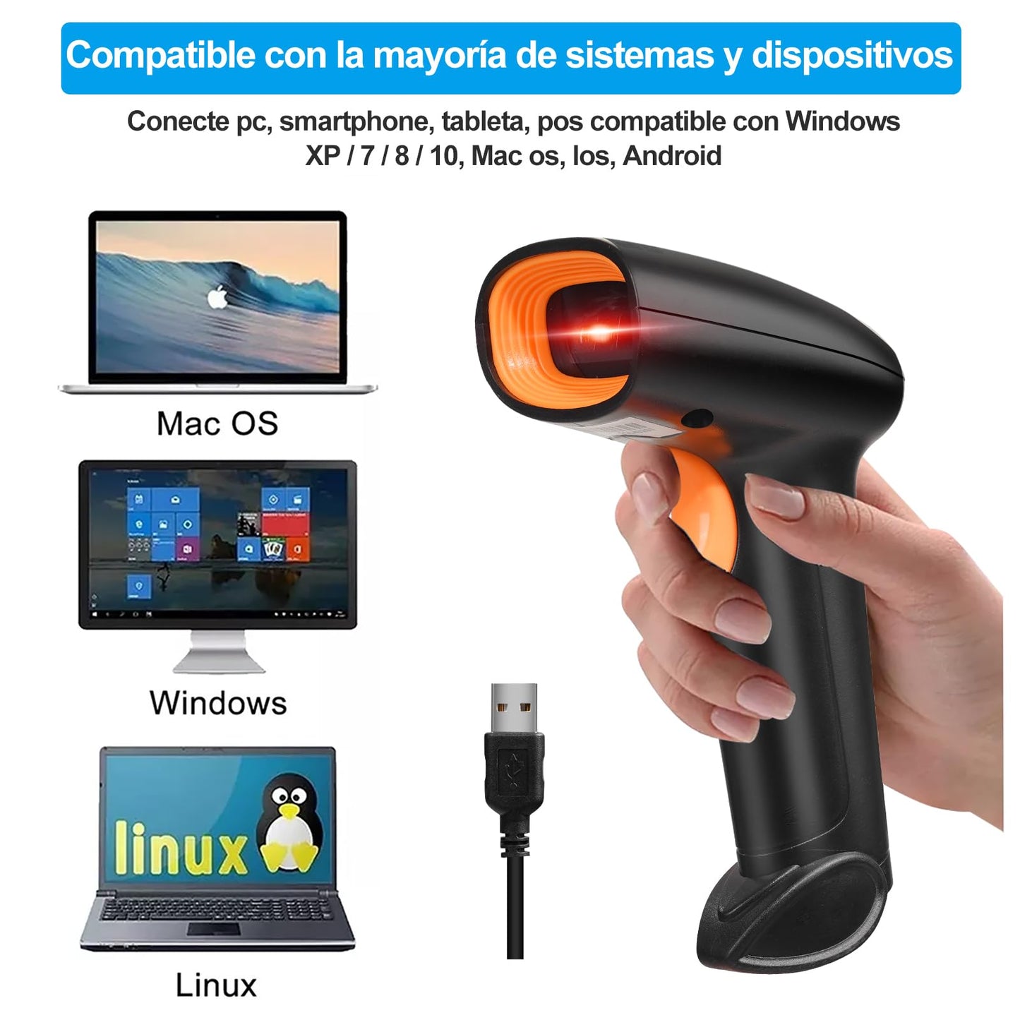 Escáner de Código de Barras 2D 1D QR, Lector Código de Barras con Cable USB Scanner Código de Barras Alámbrico Compatible con PC y Laptop, Escáner Ideal para Supermercado, Biblioteca, Tienda Minorist