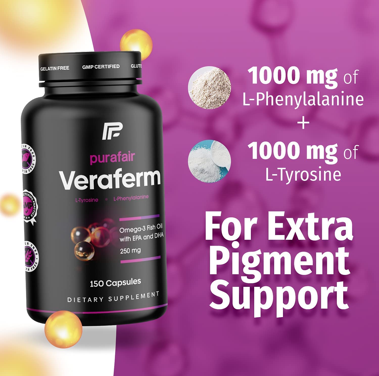 purafair Nomuk Veraferm for Vitiligo Treatment - Improve Skin Pigmentation by Getting Rid of White Spots on Skin - These Vitiligo Pills Include: Omega 3, Phenylalanine, Tyrosine, Copper, Vitamin D & B6-150 Capsules