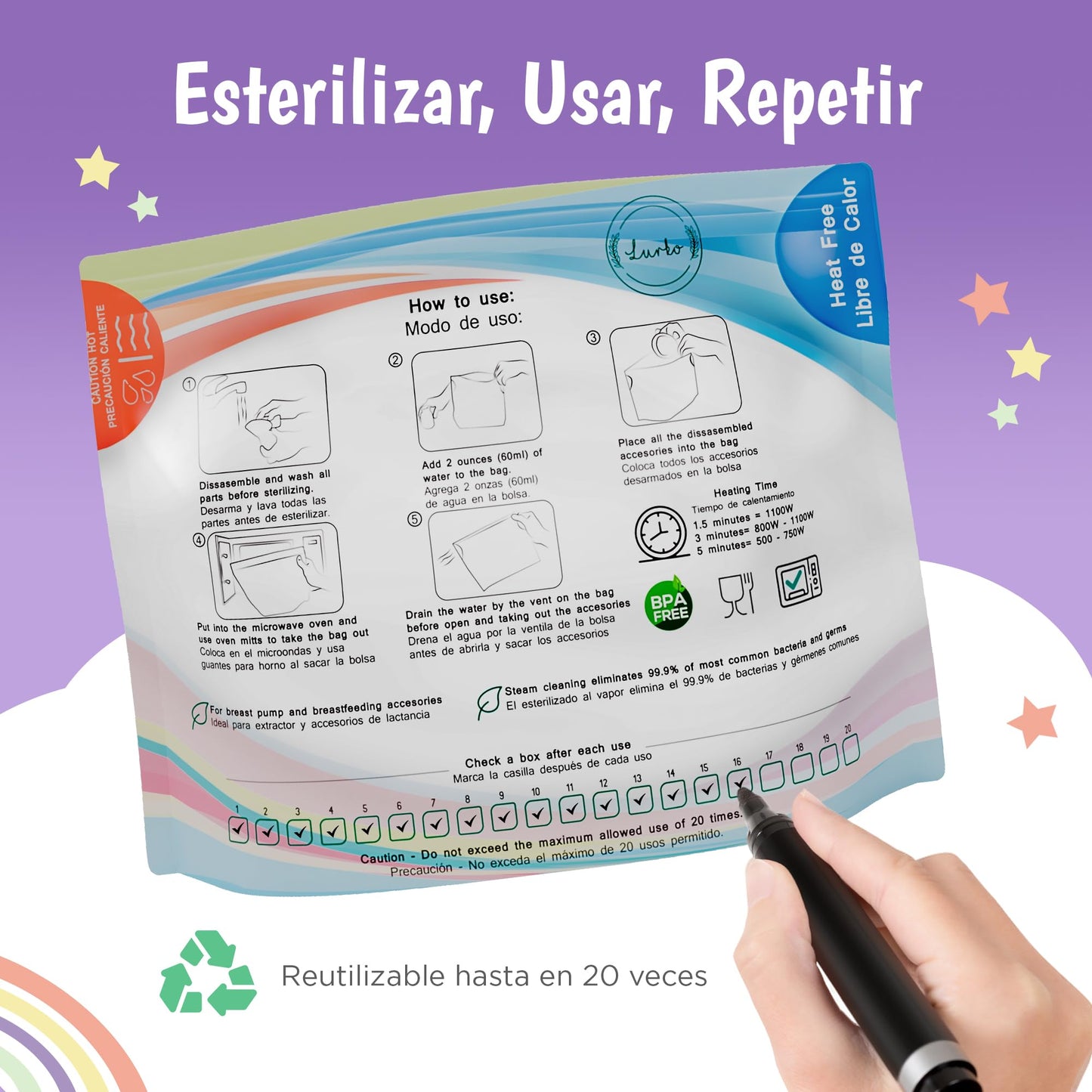 Lurko Esterilizador de Biberones para Accesorios de Extracción de Leche Materna Bolsas Esterilizadoras 6 Piezas Reutilizables Hasta 20 Ocasiones Libres de BPA