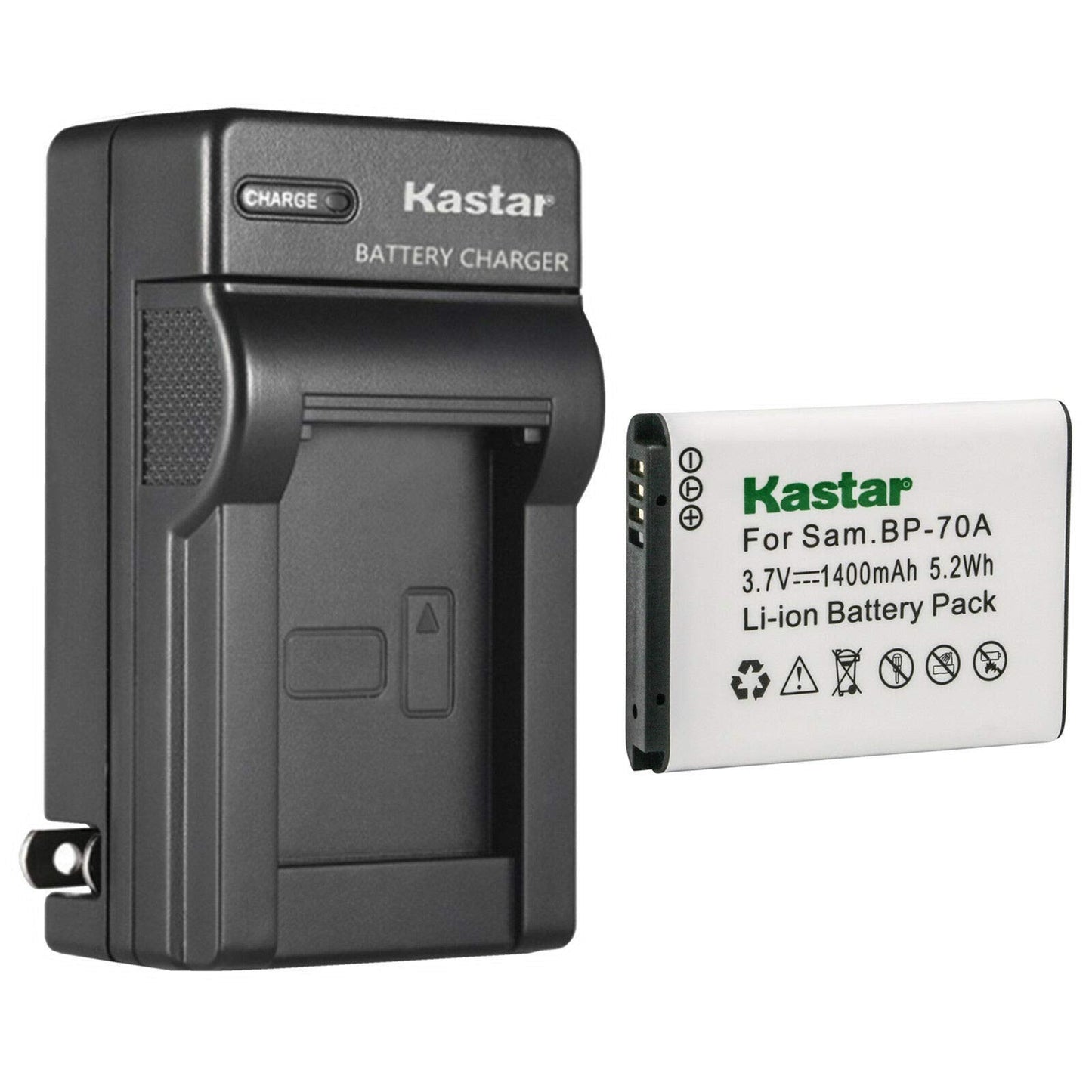 Kastar - Paquete de 1 batería BP-70A y cargador de pared de CA de repuesto para batería Samsung BP-70A BP70A, Samsung ST95, ST96, ST6500, TL105, TL110, TL125, TL205, WB30F, WB31F, WB32F, WB35F