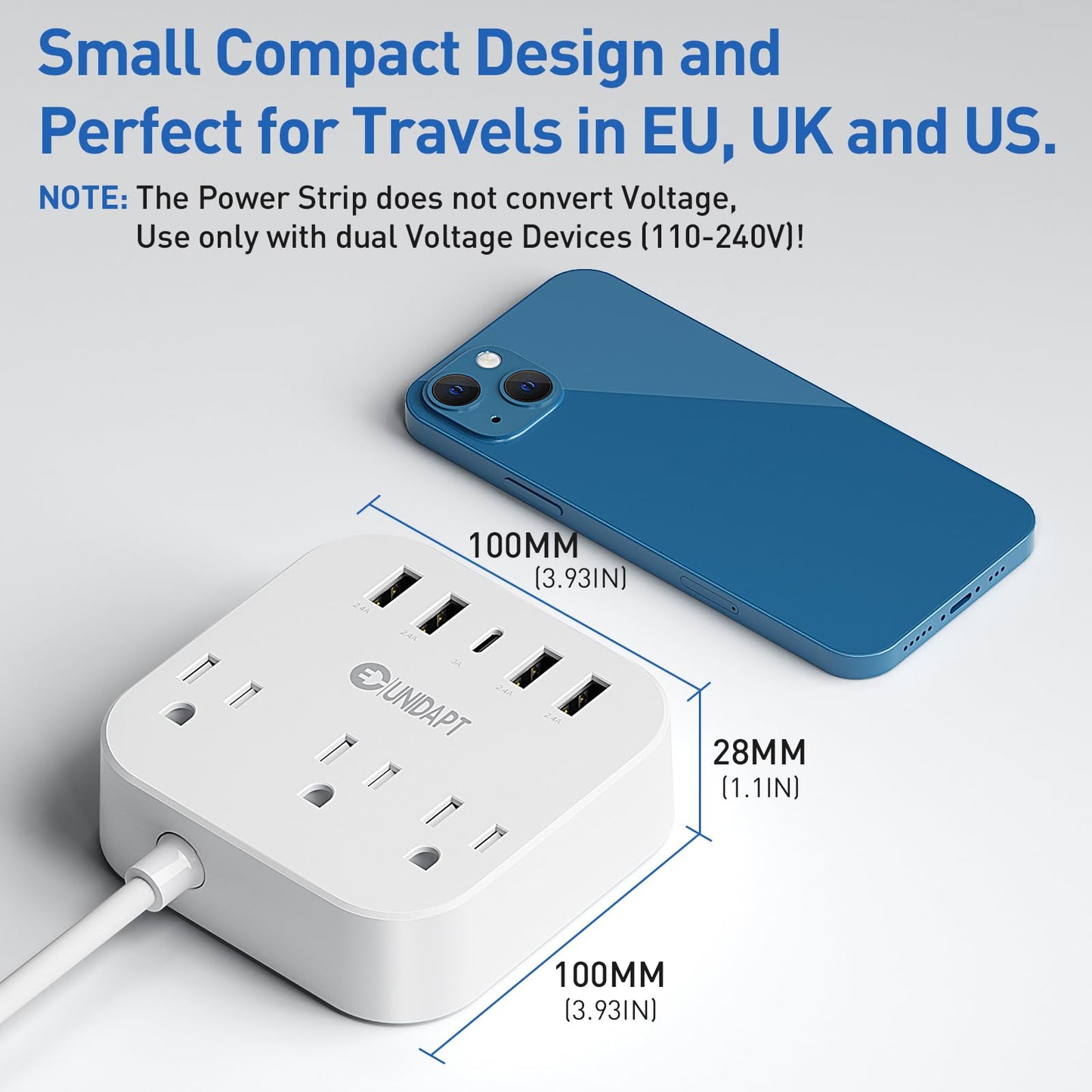 Adaptador de Enchufe Europeo Unidapt Blanco con USB C y 4 Puertos USB, Extensión de 5 Pies