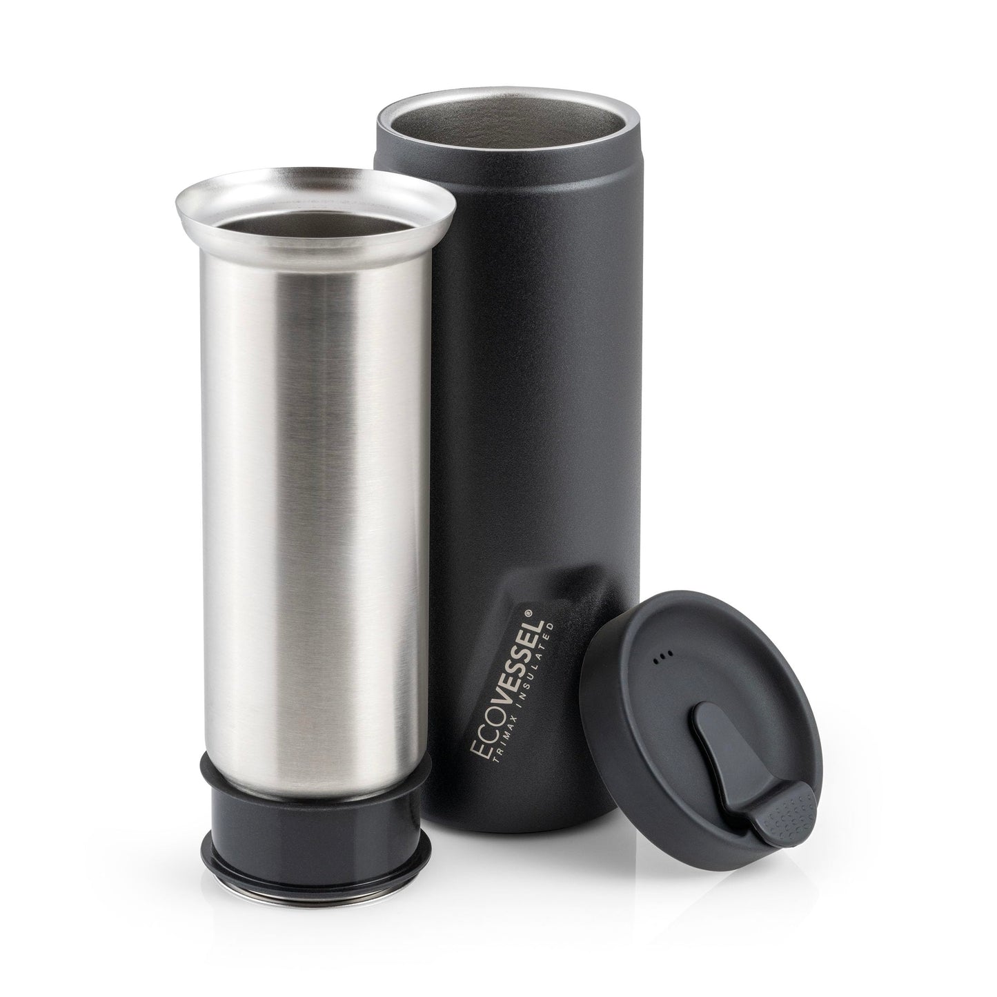 EcoVessel - Prensa francesa portátil, cafetera de viaje, aislada, acero inoxidable, botella reutilizable, 14 onzas (negro)
