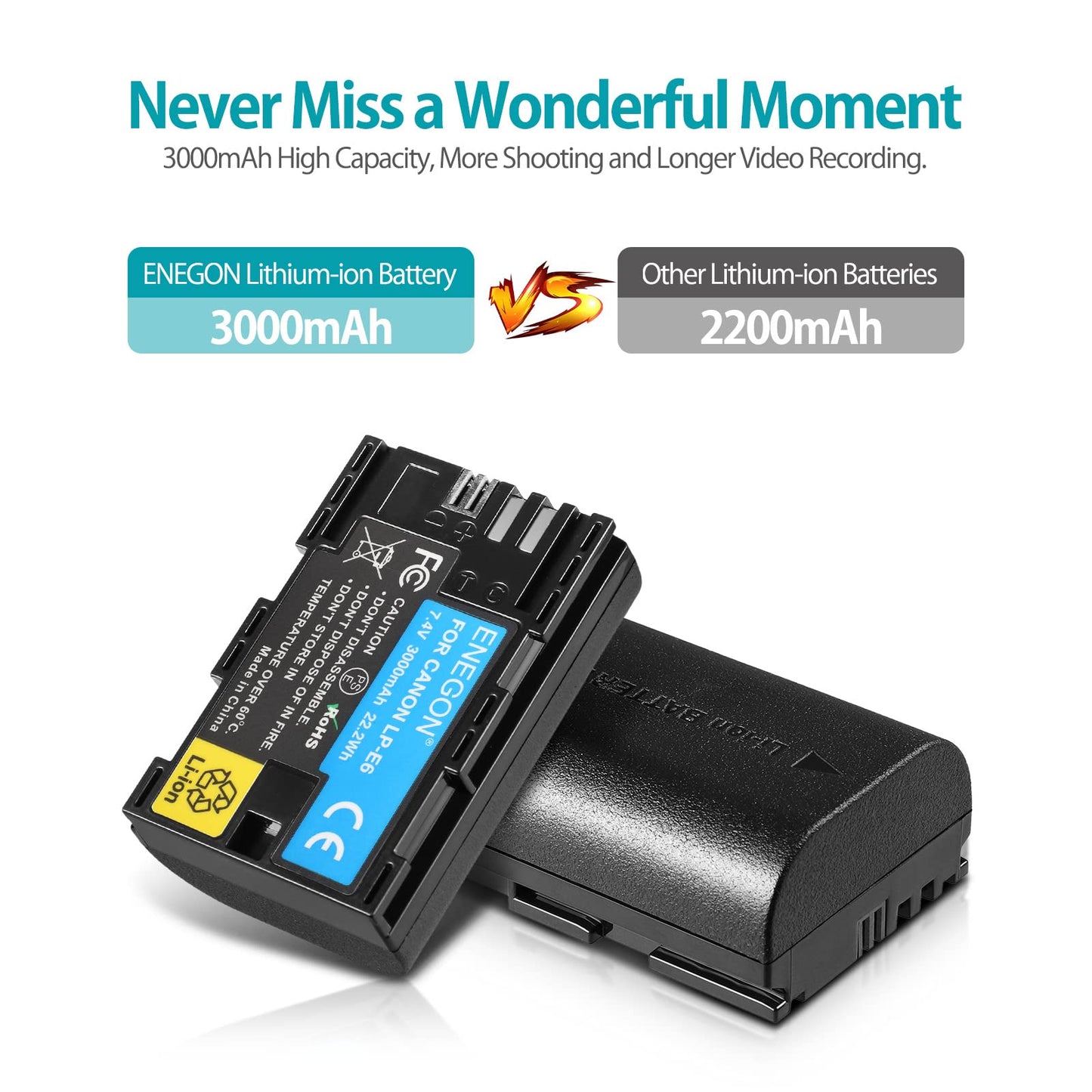 ENEGON LP-E6 LP-E6N Recargable Batería(2 * 3000 mAh) para Canon EOS 5D Mark II/III/IV, 5DS, 5DS R, 6D, 6D Mark II, 7D, 7D Mark II, 60D, 70D, 80D, 90D Cameras