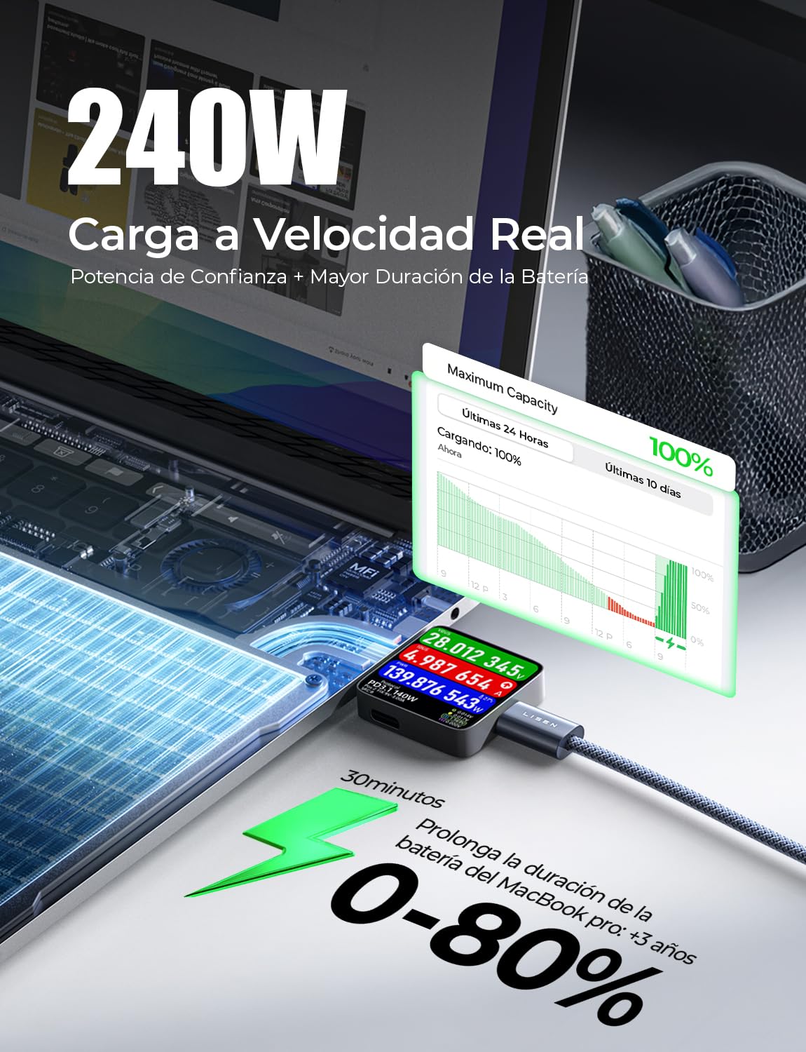 LISEN 240W Cable USB C a USB C PD 3.1 48V 5A, 2M 2 Unidades Cable Tipo C Carga Rápida 140W 100W 60W, Compatible con Galaxy S25/S24/S23 Ultra, Macbook Pro, iPhone 16/15 Pro Max, iPad Air Mini 7, Xiaomi