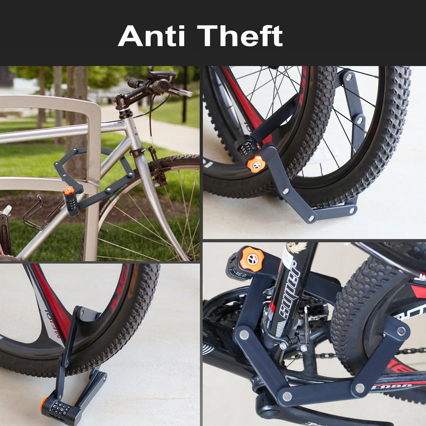 Candado plegable para bicicleta con soporte de montaje, combinación de 4 dígitos antirrobo, resistente aleación de acero antiarañazos, bloqueo de cadena plegable impermeable antioxidante para