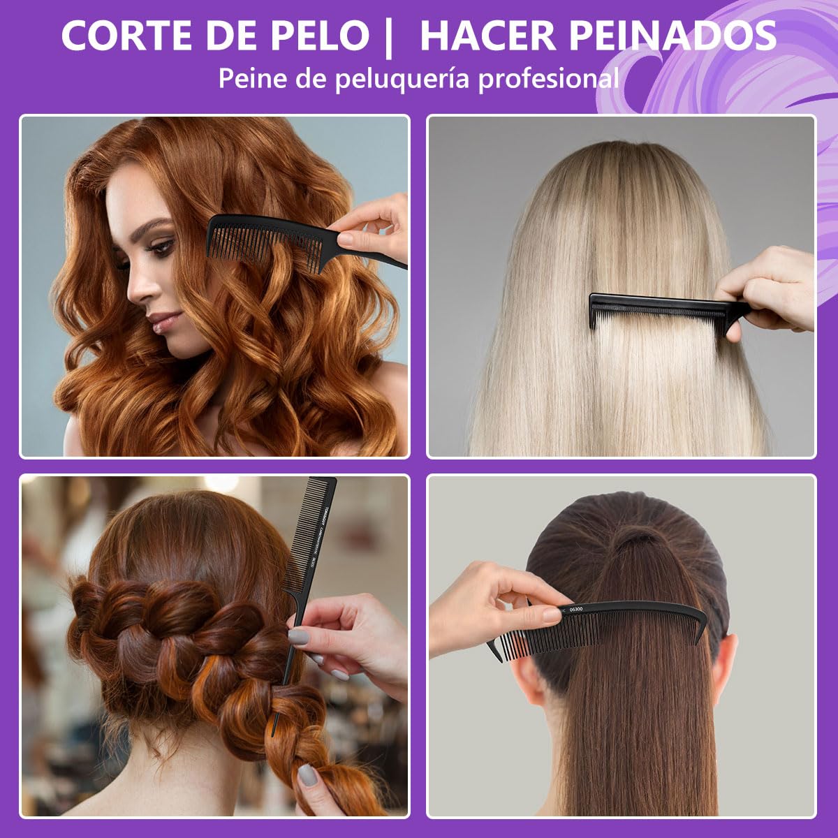 Shoonlo 4 Peines para Cabello Lacio para Mujer y Hombre, Peine Cola de Rata+ Peines Delgado+ 2 Peine Barbero, Cepillos y Peines para Cabellos Finos y Gruesos, Uso en Seco y Mojado