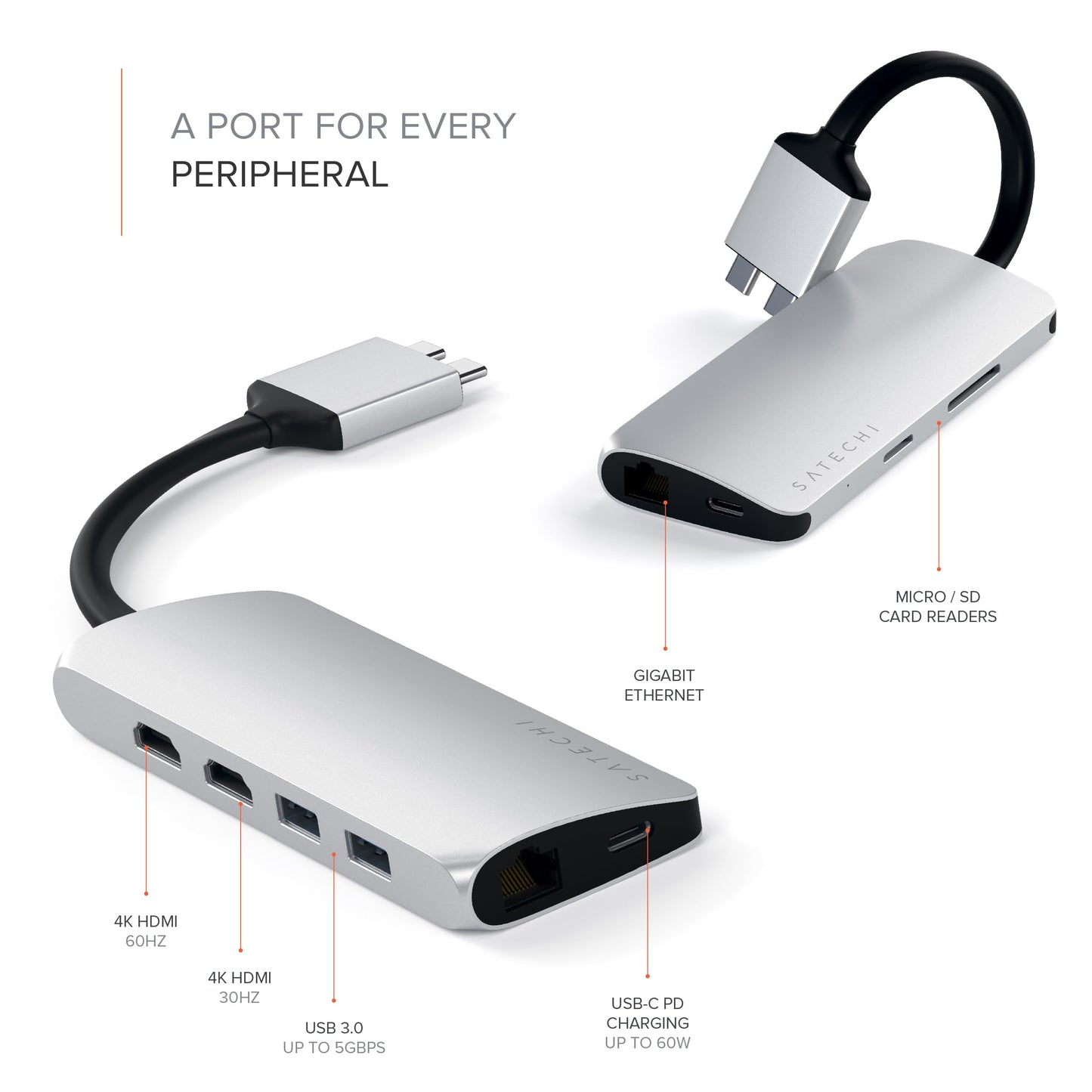 Adaptador USB C Doble Satechi Plata con HDMI 4K y Lector de Tarjetas para MacBook Pro/MAX M2/M1
