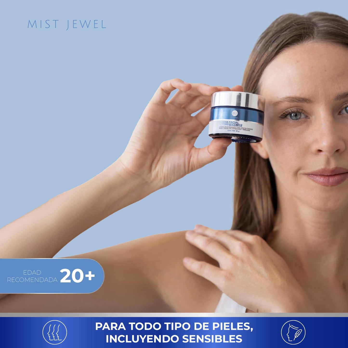 MIST JEWEL Crema TENS-UP Facial con Postbióticos marinos, Ácido Hialurónico, Caviar Verde y Q10 | Crema tensora efecto lifting e hidratante de cuidado facial para uso de día y noche skin care hombre y mujer. Todo tipo de piel 50g
