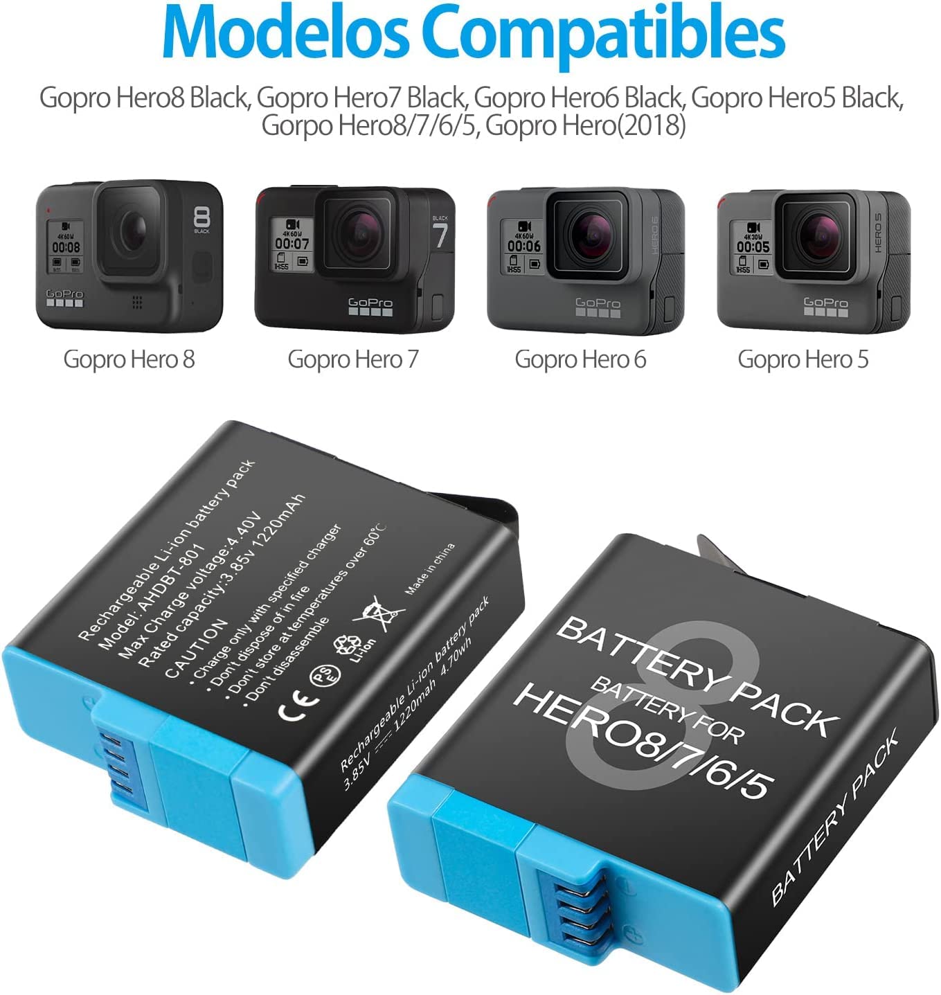 Baterías de Repuesto PHTEGI Hero 8 1220 mAh con Cargador USB LED 3 Canales para GoPro Hero 8/7/6/5 Black