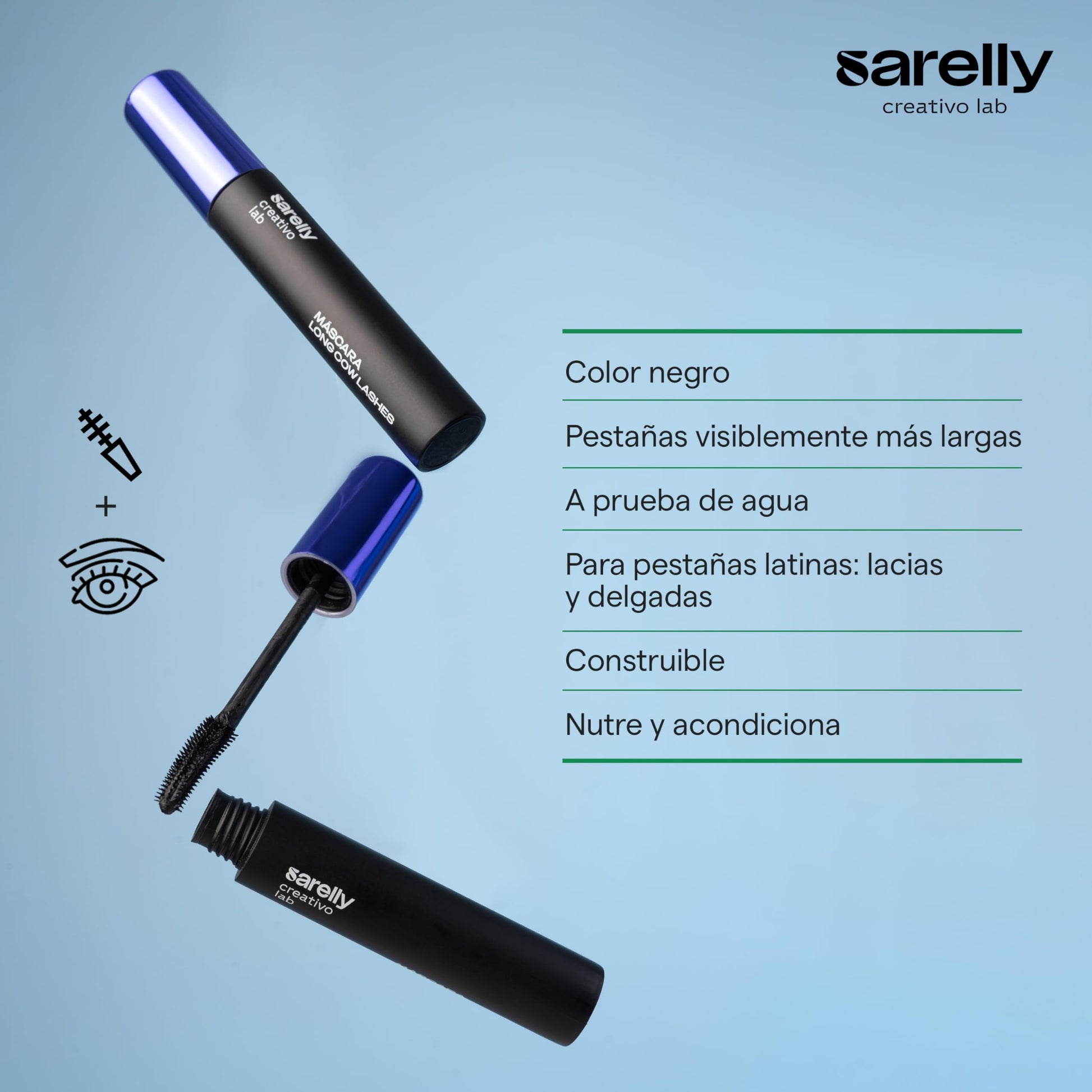 SARELLY CREATIVO LAB | Mascara de Pestañas Long Cow Lashes | Aceite de Argán - Aceite de Ricino - Aceite de Oliva - Aceite de Coco y más | Completa tu Cosmetiquera para Maquillaje - Kit Skincare