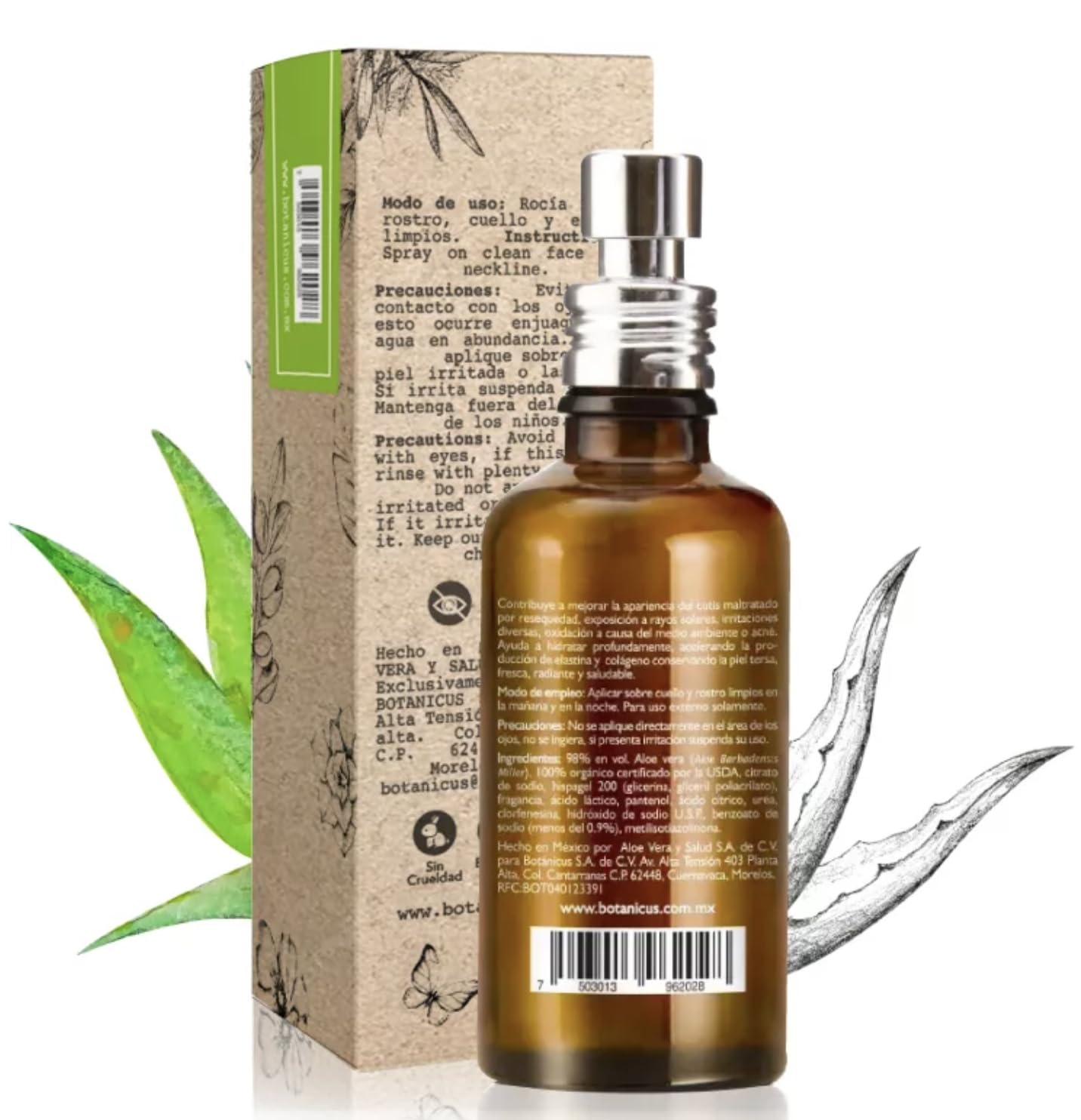 Tónico Facial Piel Grasa 50 ml - BOTANICUS - 98% Aloe Vera Orgánica | Controla Brillos, Cierra Poros y Calma la Piel | Astringente Natural con Aceite Esencial de Árbol de Té