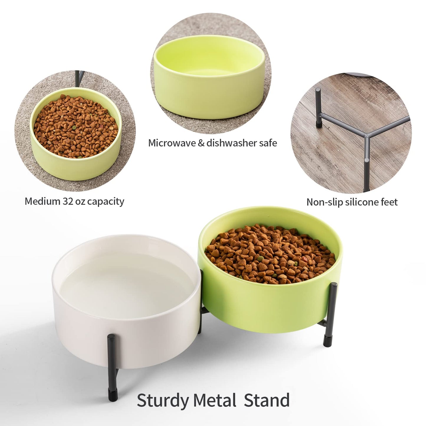AOMRYOM Cuenco de cerámica para perros y gatos de 32 onzas con soporte de metal elevado, plato de cerámica para mascotas de 6 pulgadas para comida y agua, cuencos de alimentación para mascotas para gatos y perros, juego de 2 (blanco y verde claro)