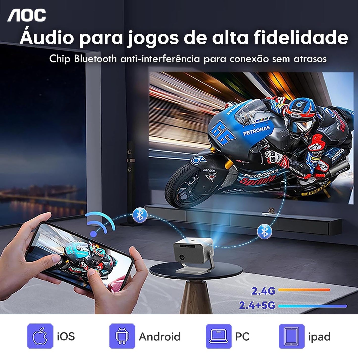 AOC Mini proyector, portátil Compatible con 4K,12000 lúmenes,Enfoque eléctrico, WiFi y Bluetooth,diseño con eliminación de Polvo y disipación de Calor, Compatible con Android e iOS para Cine en casa