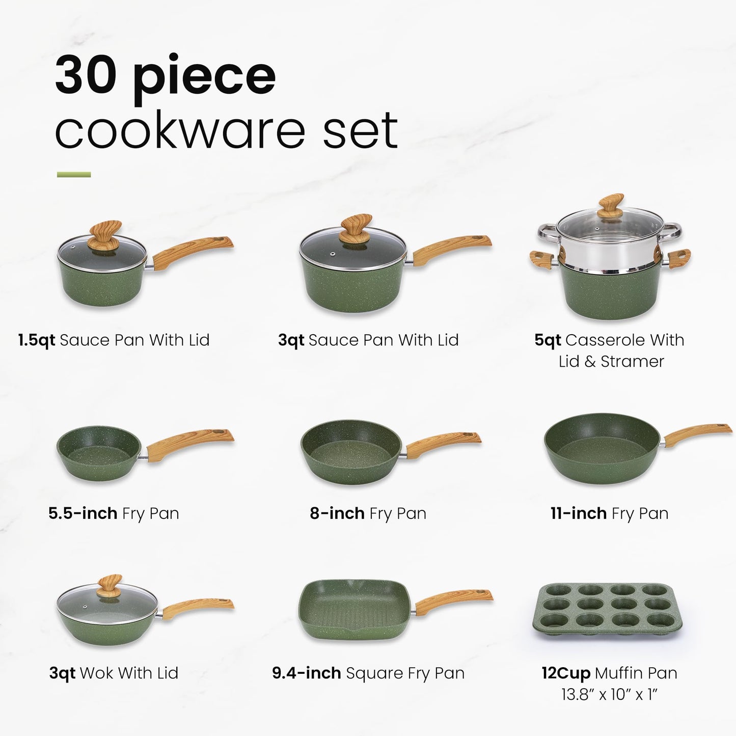 Kitchen Academy - Juego de ollas y sartenes antiadherentes, juego de utensilios de cocina de inducción de 30 piezas, juego de sartenes de cocina con revestimiento de granito verde