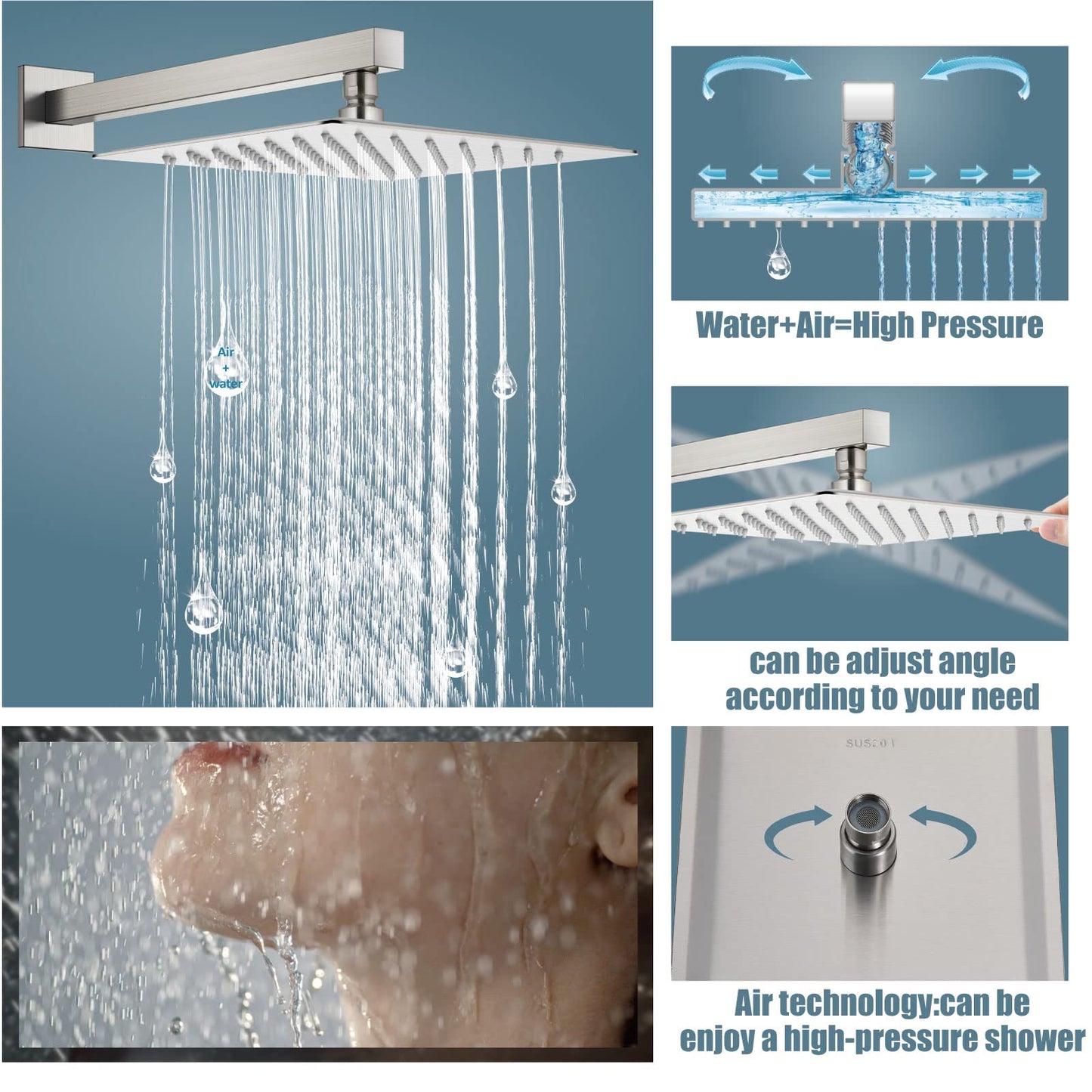 Aolemi - Juego de llave de ducha, sistema de ducha de lluvia con rociador de mano, válvula de baño y kit de molduras de ducha incluido níquel cepillado de 12 pulgadas para montaje en pared