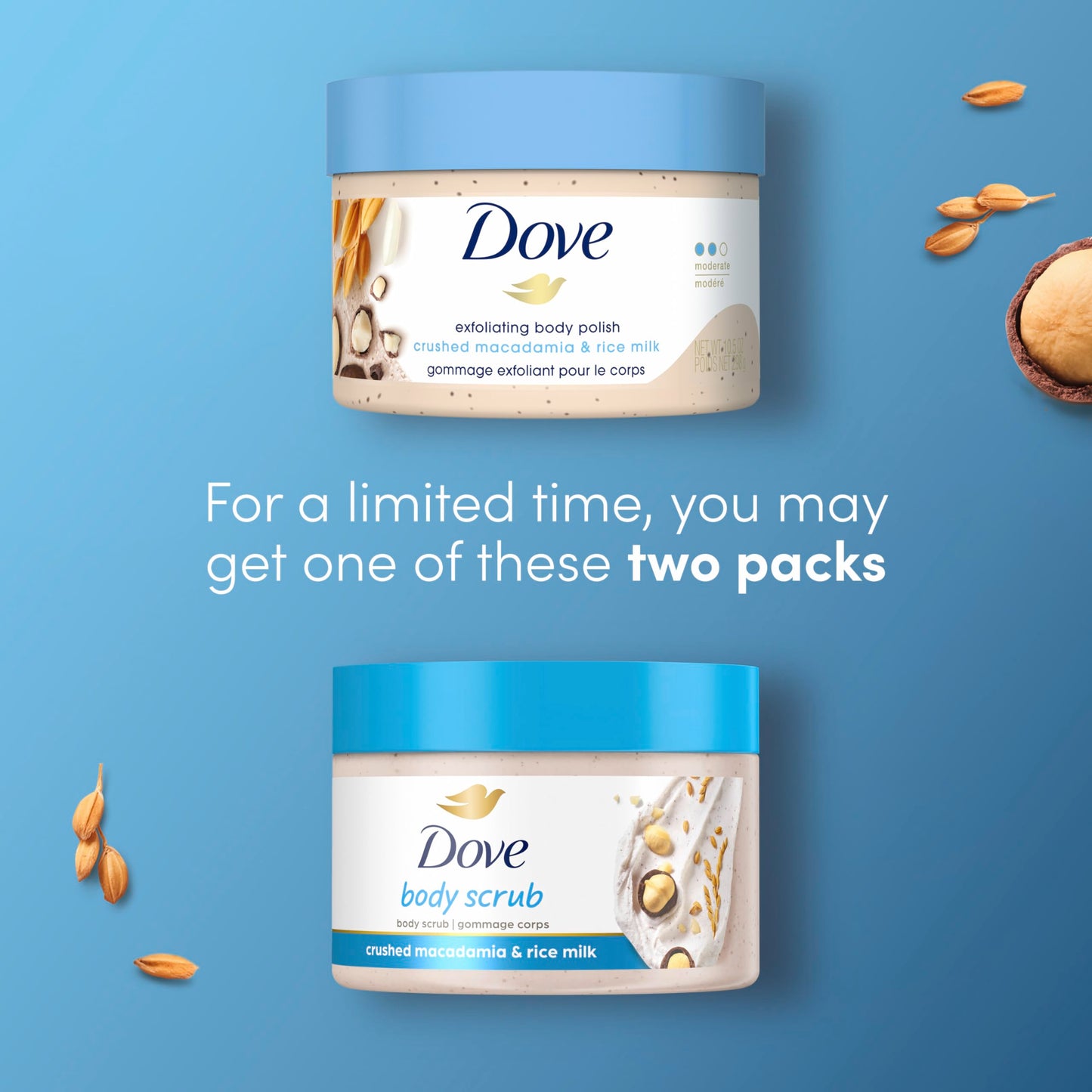 Dove, Exfoliating Body Polish, Macadamia and Rice Milk, Exfoliante Corporal, Macadamia y Leche de Arroz, Piel Suave y Nutrida, Sin Sulfatos, 298 gramos