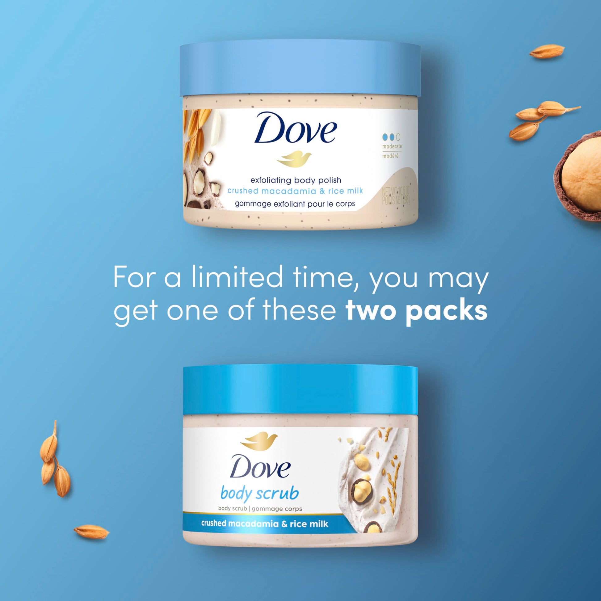 Dove, Exfoliating Body Polish, Macadamia and Rice Milk, Exfoliante Corporal, Macadamia y Leche de Arroz, Piel Suave y Nutrida, Sin Sulfatos, 298 gramos