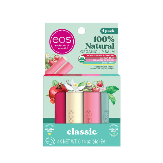 Bálsamos Labiales eos Sorbete de Fresa, Vaina de Vainilla, Menta Dulce y Frambuesa Granada 100% Naturales y Orgánicos 4-Pack