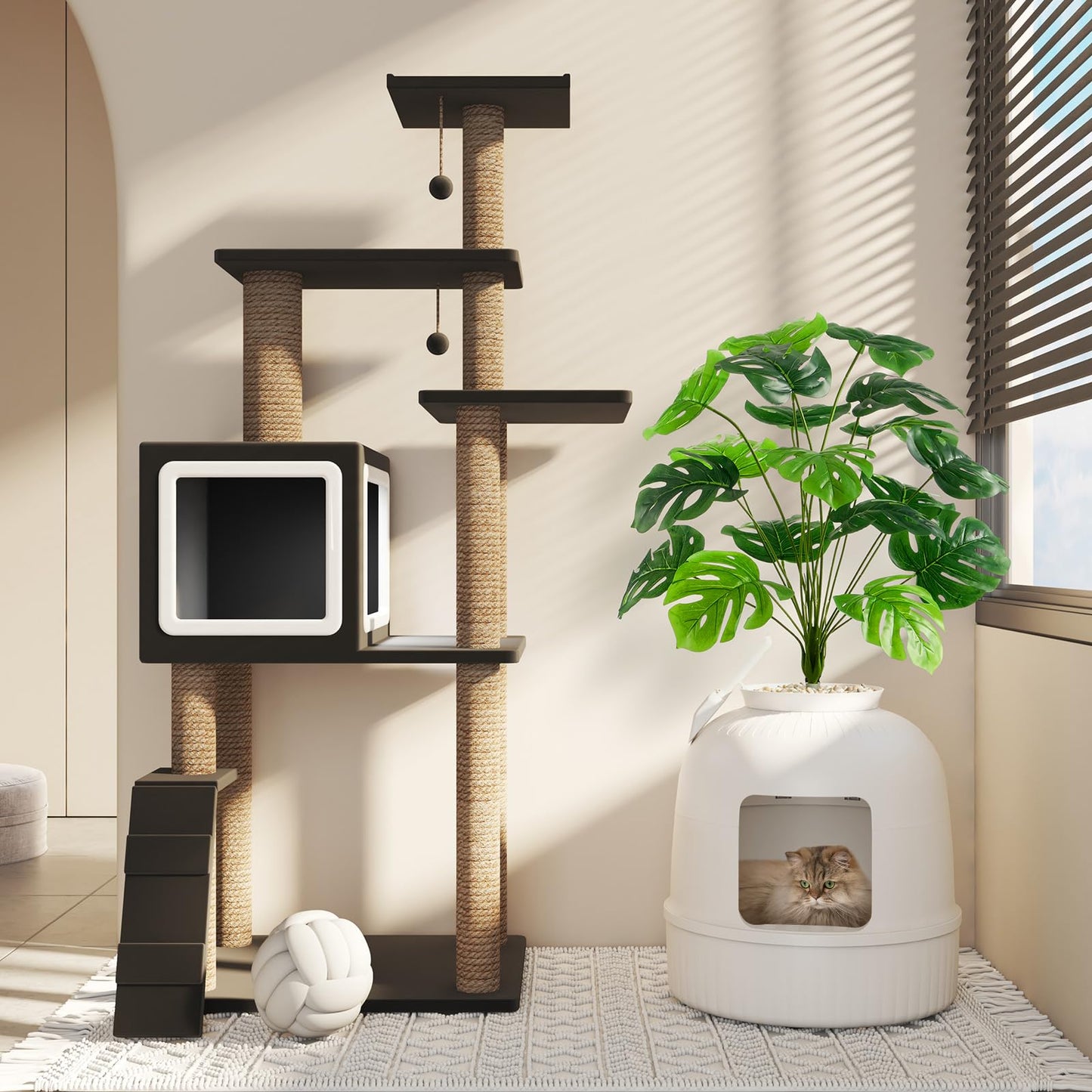 Lifewit Caja de Arena para Gatos con Plantas Ocultas, Plantas Artificiales y Caja de Arena Cerrada para Gatos, ventilación y Filtro de olores, fácil de Limpiar, Color Blanco