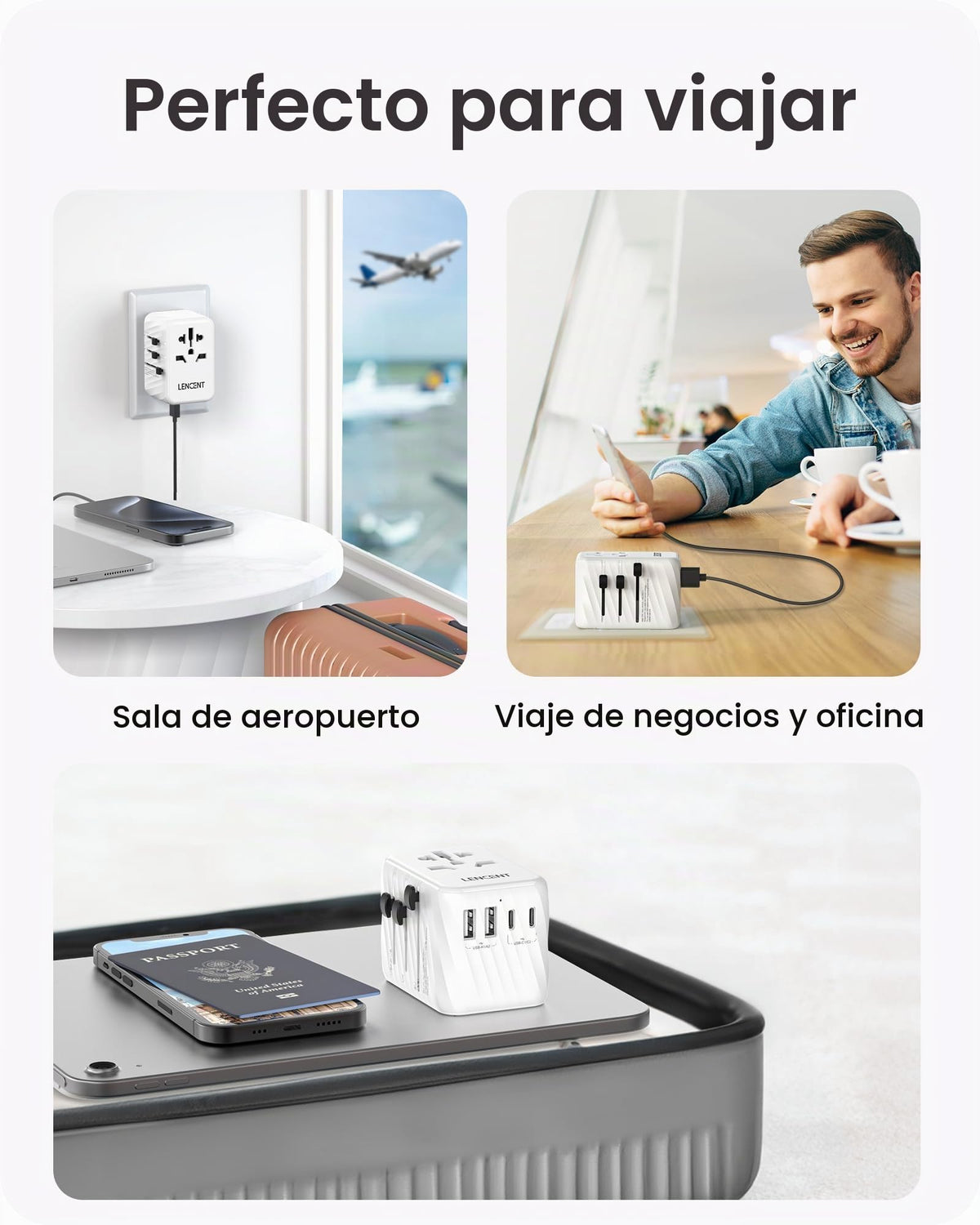 Adaptador Universal de Viaje LENCENT Blanco Cargador Rápido Internacional