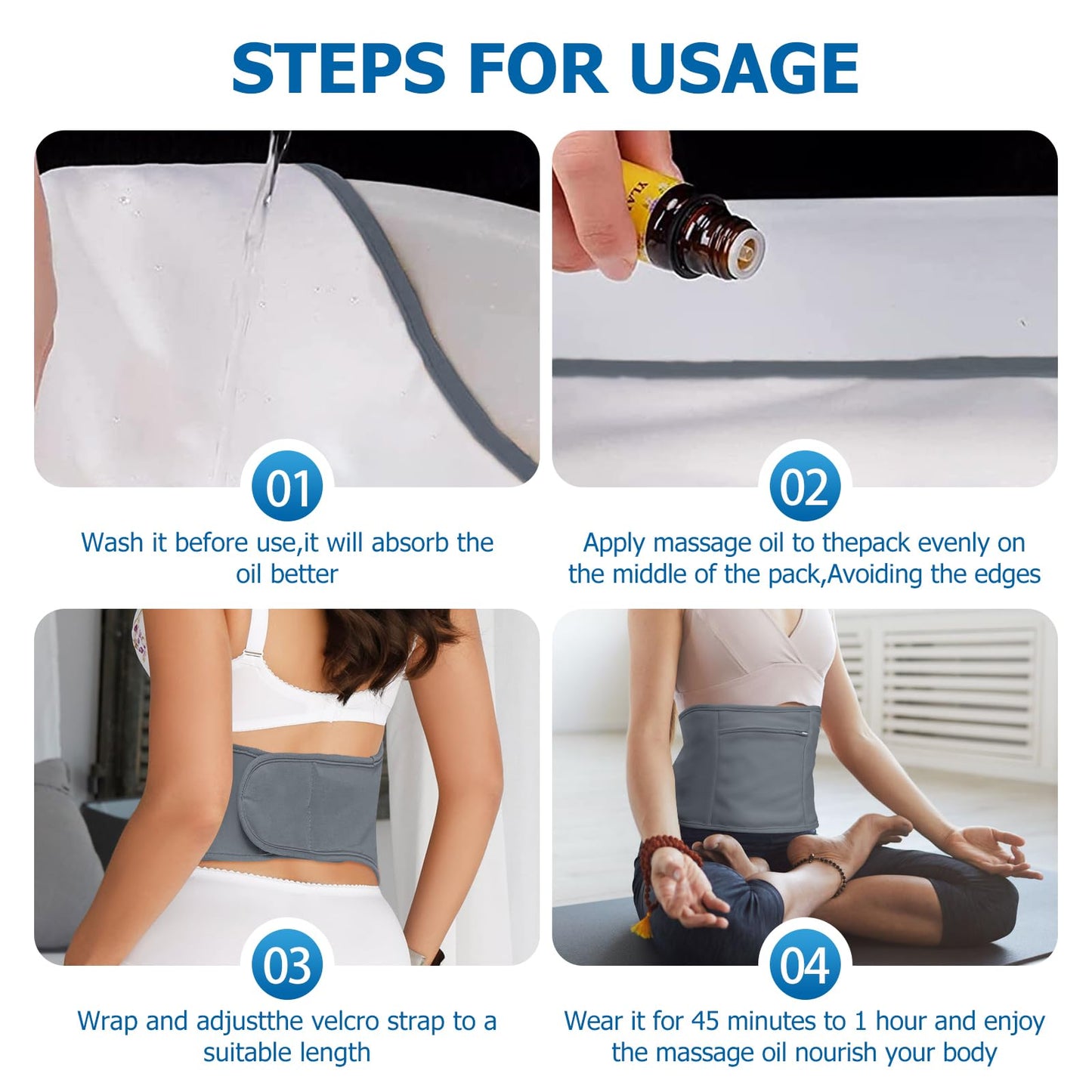 Paquete de 4 aceite de ricino para rodilla, cuello y abdomen, paquete de aceite de ricino reutilizable para abdomen con correa elástica ajustable, franela de algodón, lavable a máquina, antifugas de